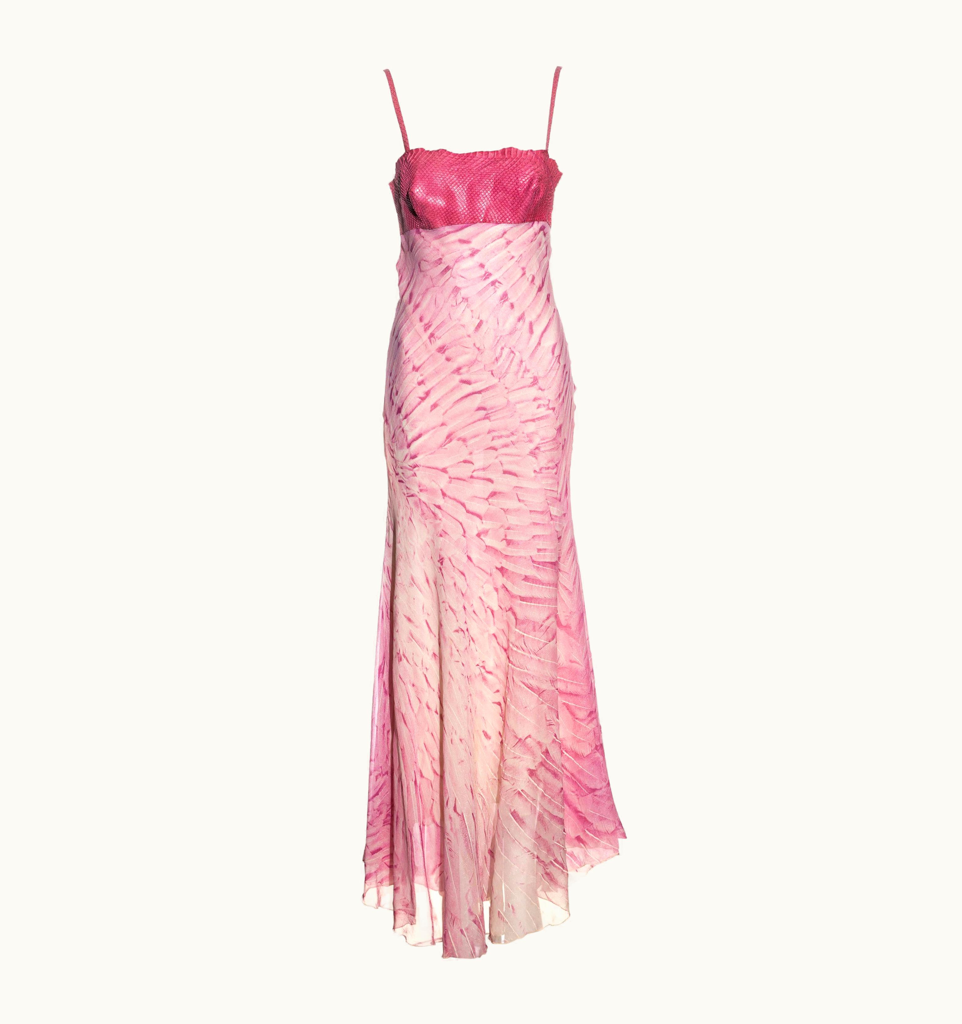 Roberto Cavalli Roberto Cavalli Pink Silk And Snakeskin Evening Maxi Dress, S/S 1999