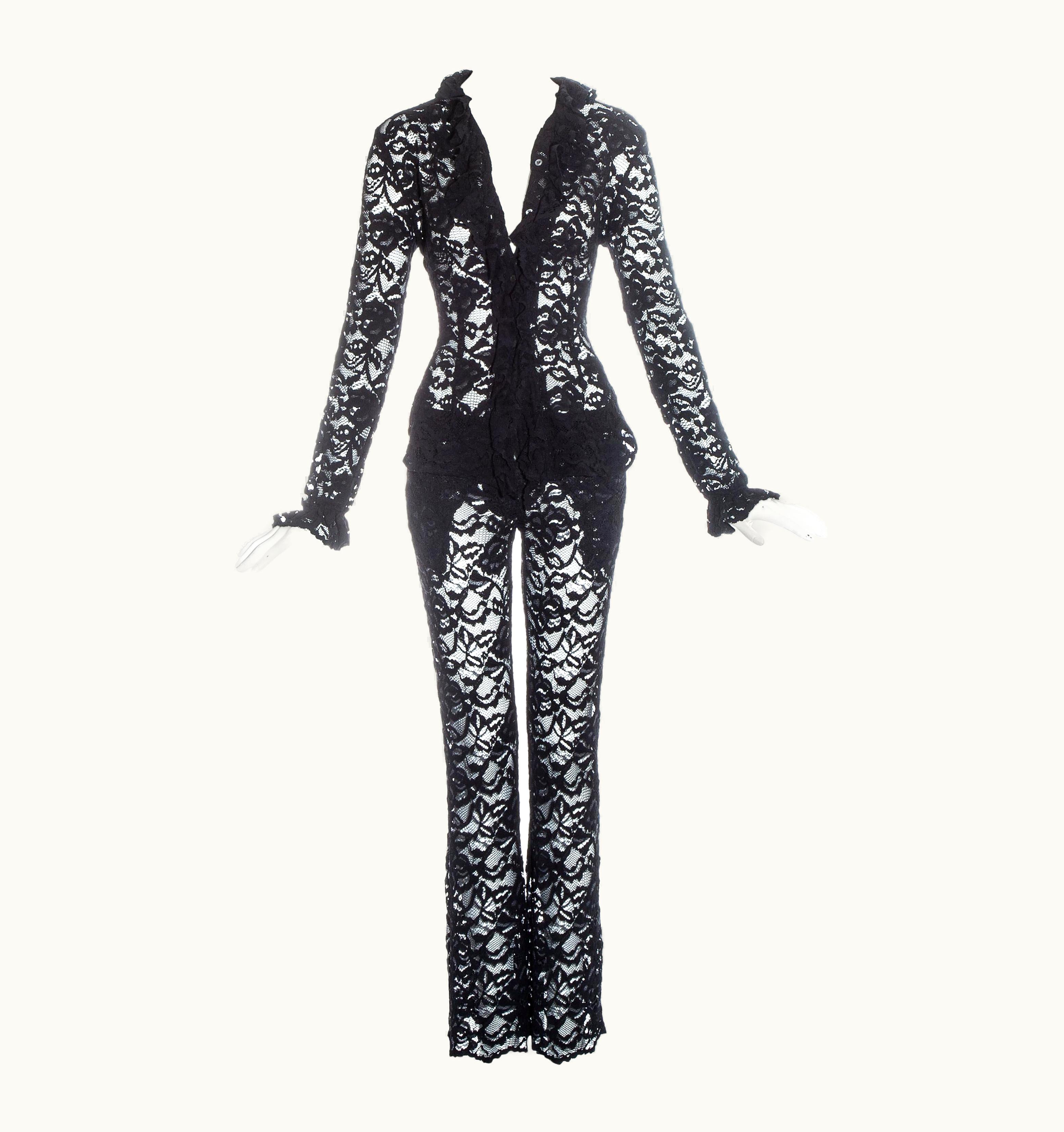 Alexander McQueen Alexander McQueen Black Lace Ruffled Blouse And Pants Ensemble, S/S 1999