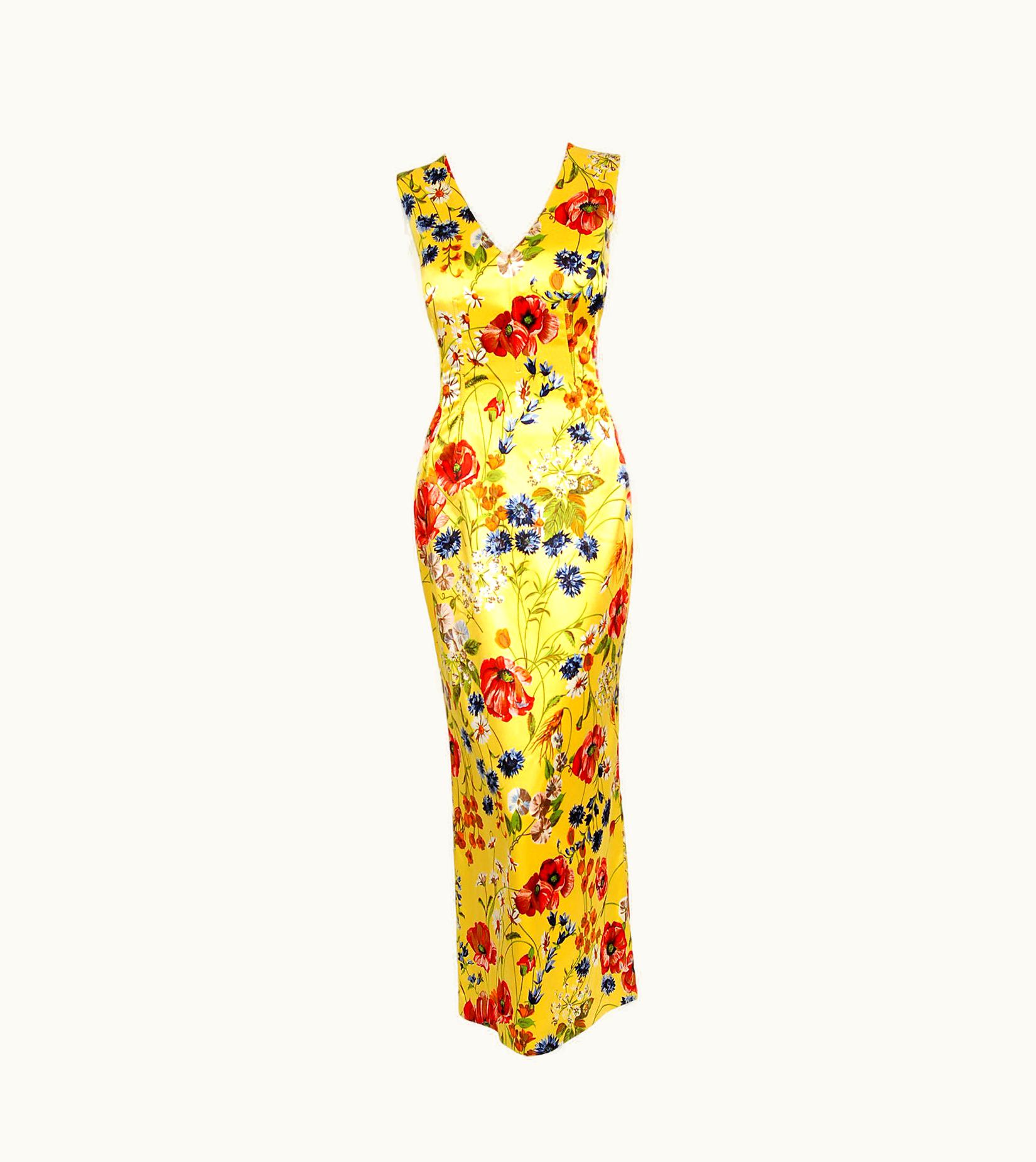 Dolce & Gabbana Vintage 1999 Dolce & Gabbana Yellow Floral Stretch Silk Boned Hourglass Gown