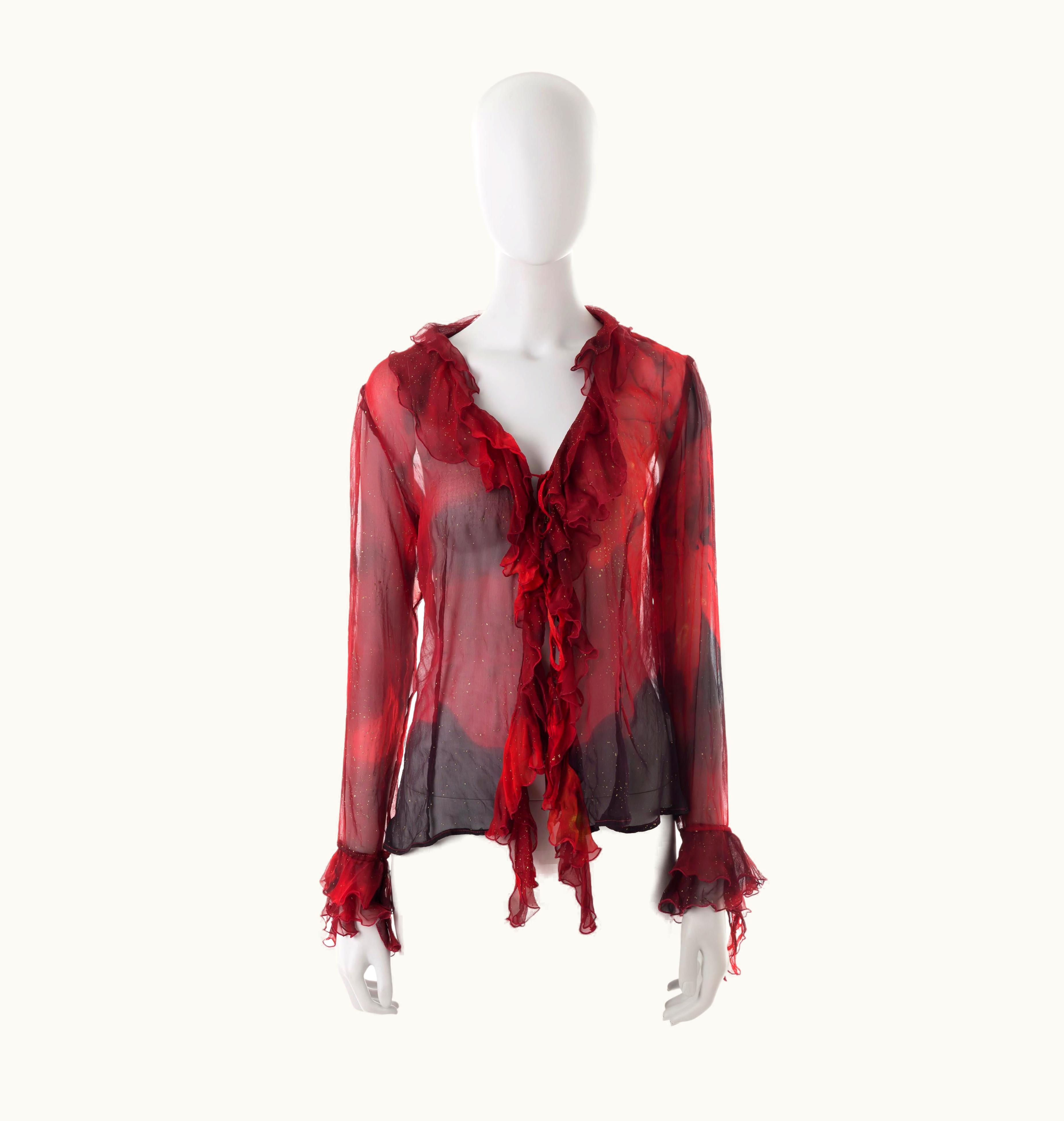 Roberto Cavalli Roberto Cavalli AW 1999 Red Leaf Printed Silk Ruffled Blouse