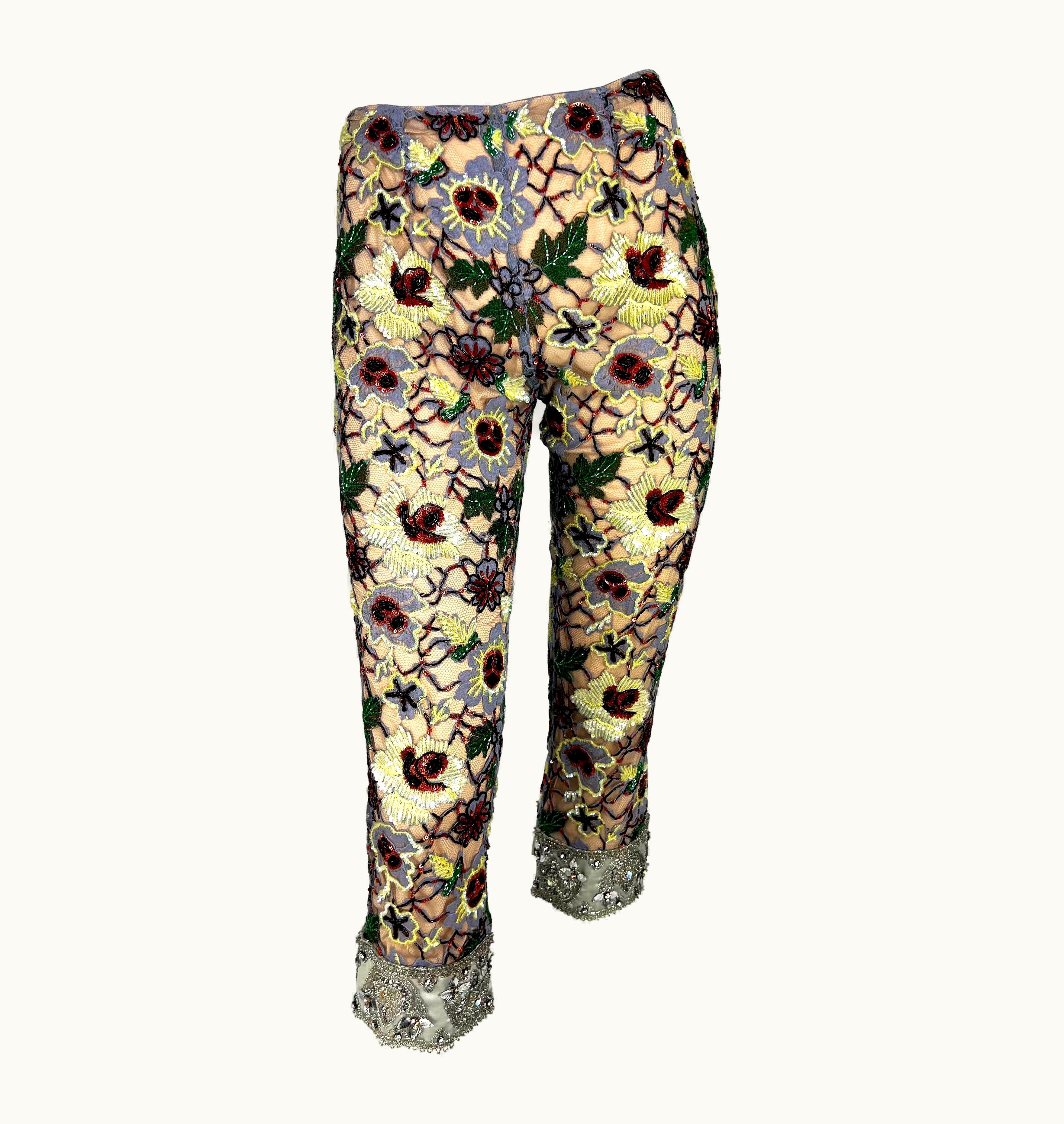Dolce & Gabbana AW 1999 Dolce & Gabbana Runway Floral Beaded Rhinestone Cropped Pants Nwt