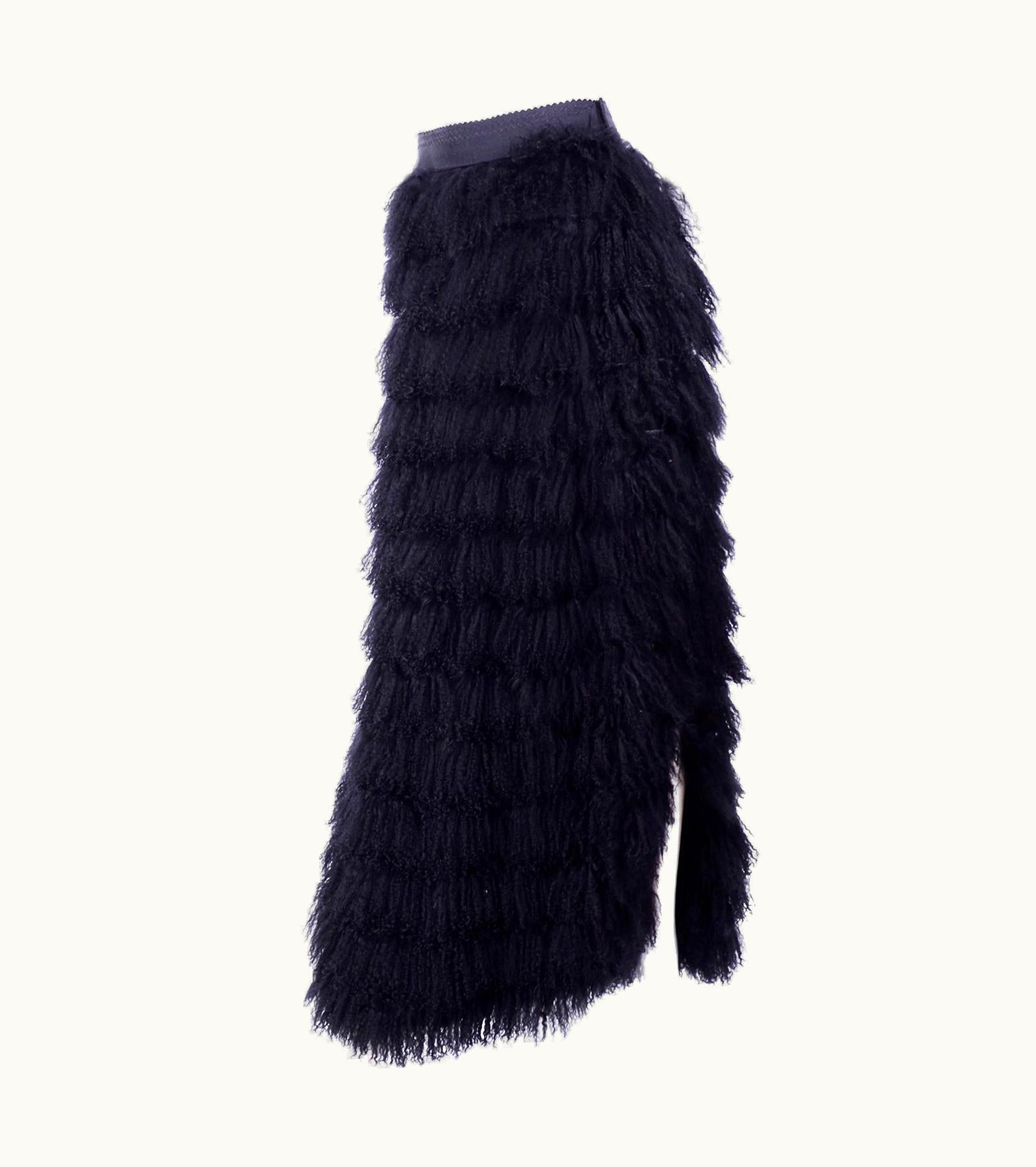 Dolce & Gabbana 1999 AW Runway Dolce & Gabbana Black Mongolian Lambs Fur & Silk Long Skirt