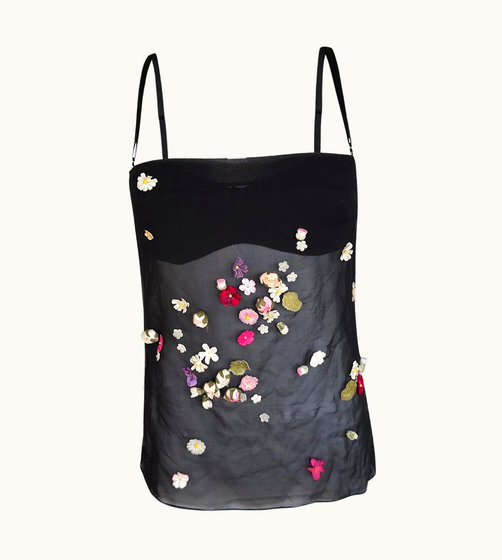 Dolce & Gabbana Dolce & Gabbana Black Silk Camisole With Floral Applique & Built In Bra AW 1999