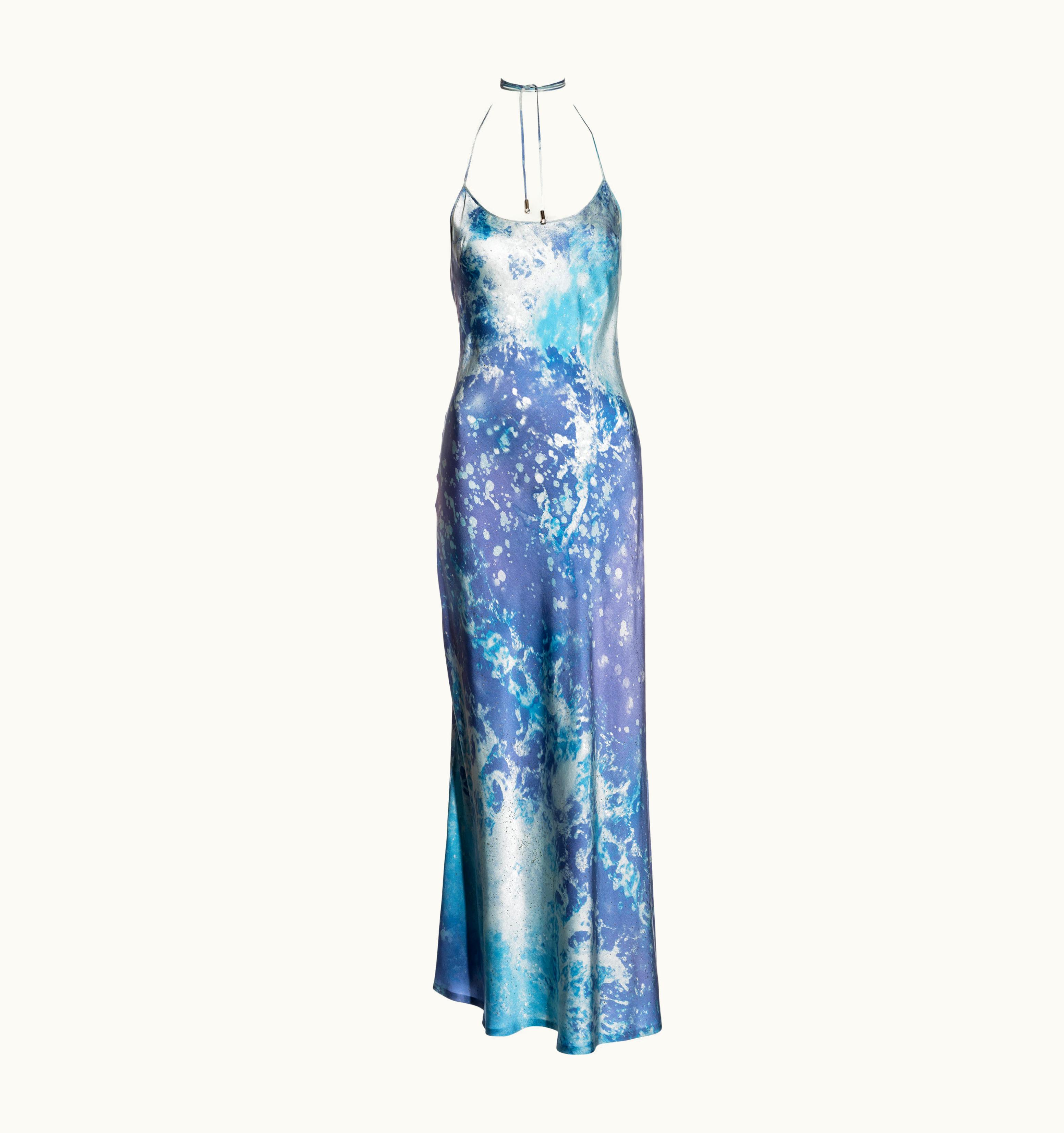 Roberto Cavalli Roberto Cavalli Blue And Purple Acid Wash Silk Halter Neck Maxi Dress, S/S 1999