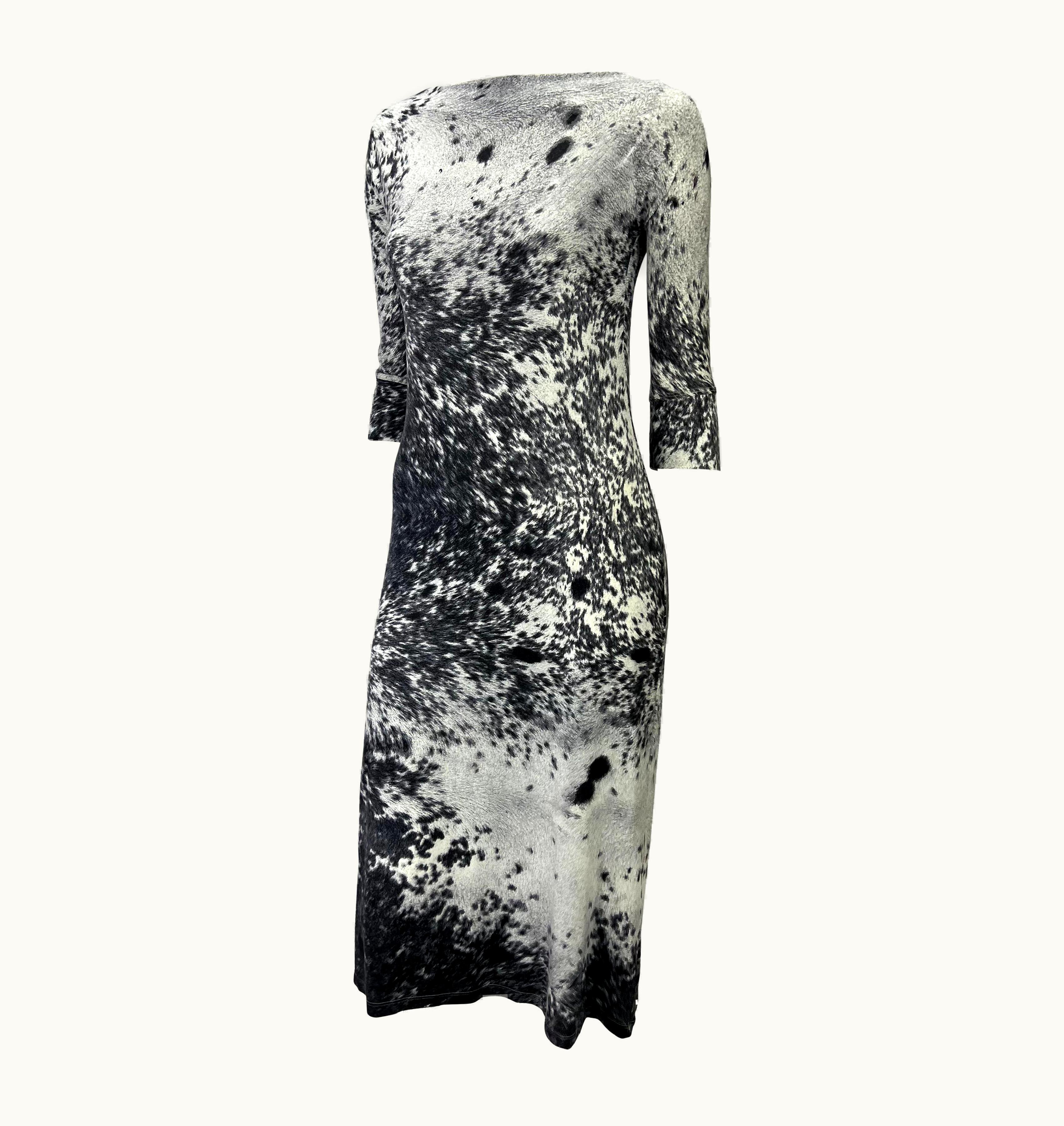 Roberto Cavalli AW 1999 Roberto Cavalli Grey Animal Print Trompe l'Oeil Stretch Cowl Neck Dress