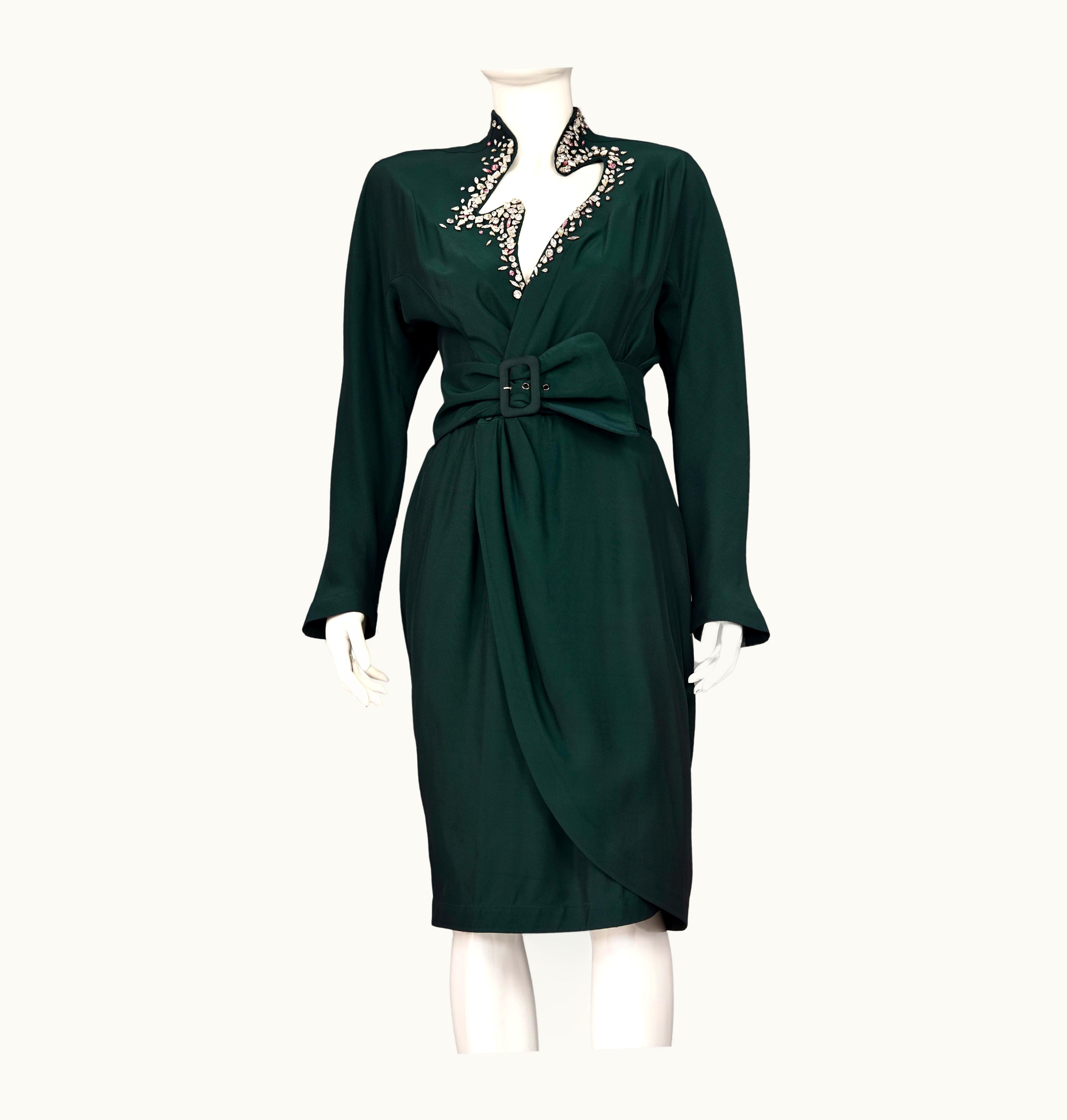 Mugler Vintage Thierry Mugler Encrusted Rhinestone Lightning Neckline Wrap Dress