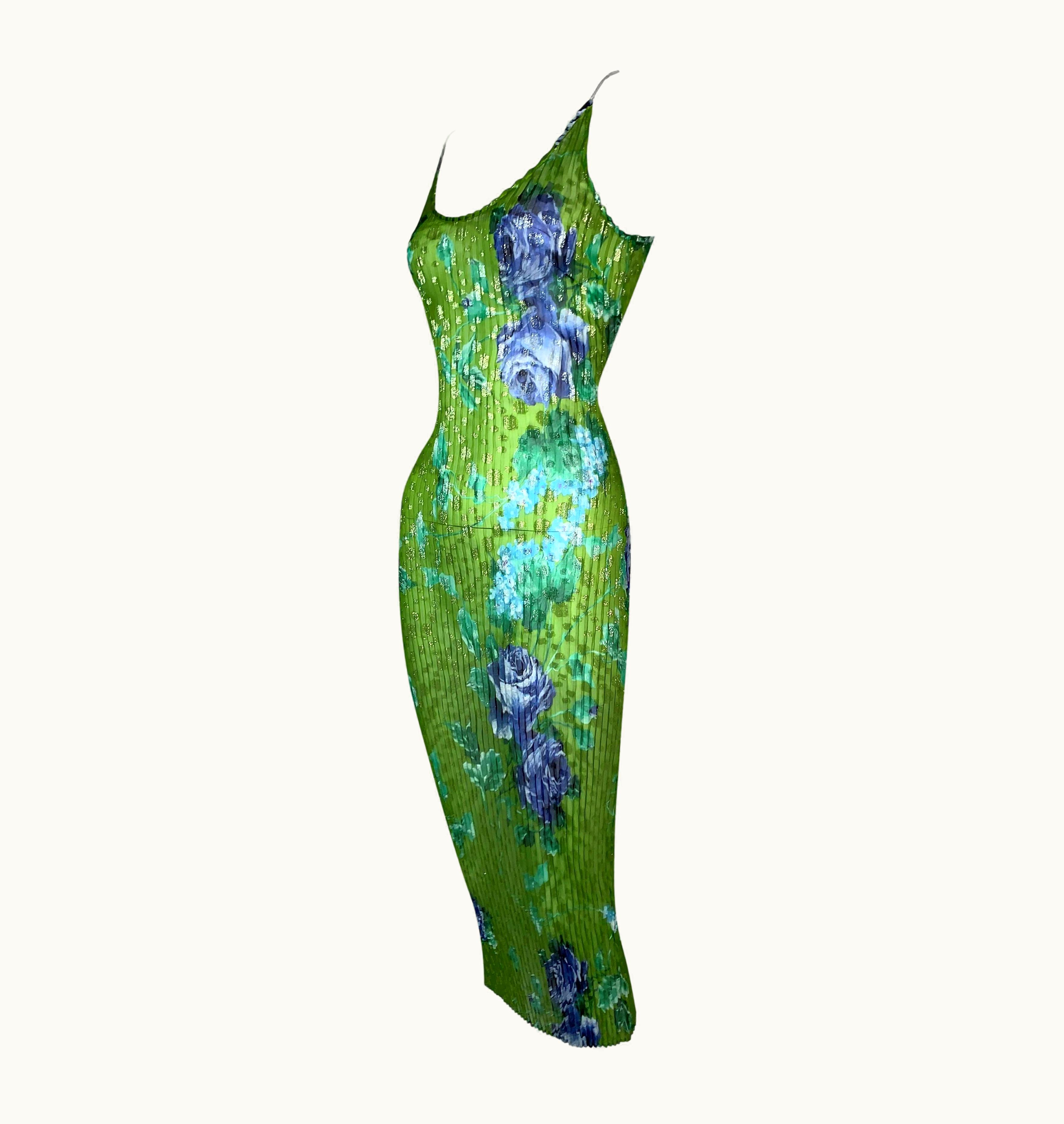 Dolce & Gabbana AW 2000 Dolce & Gabbana Sheer Green Floral Pleated Bodycon Dress