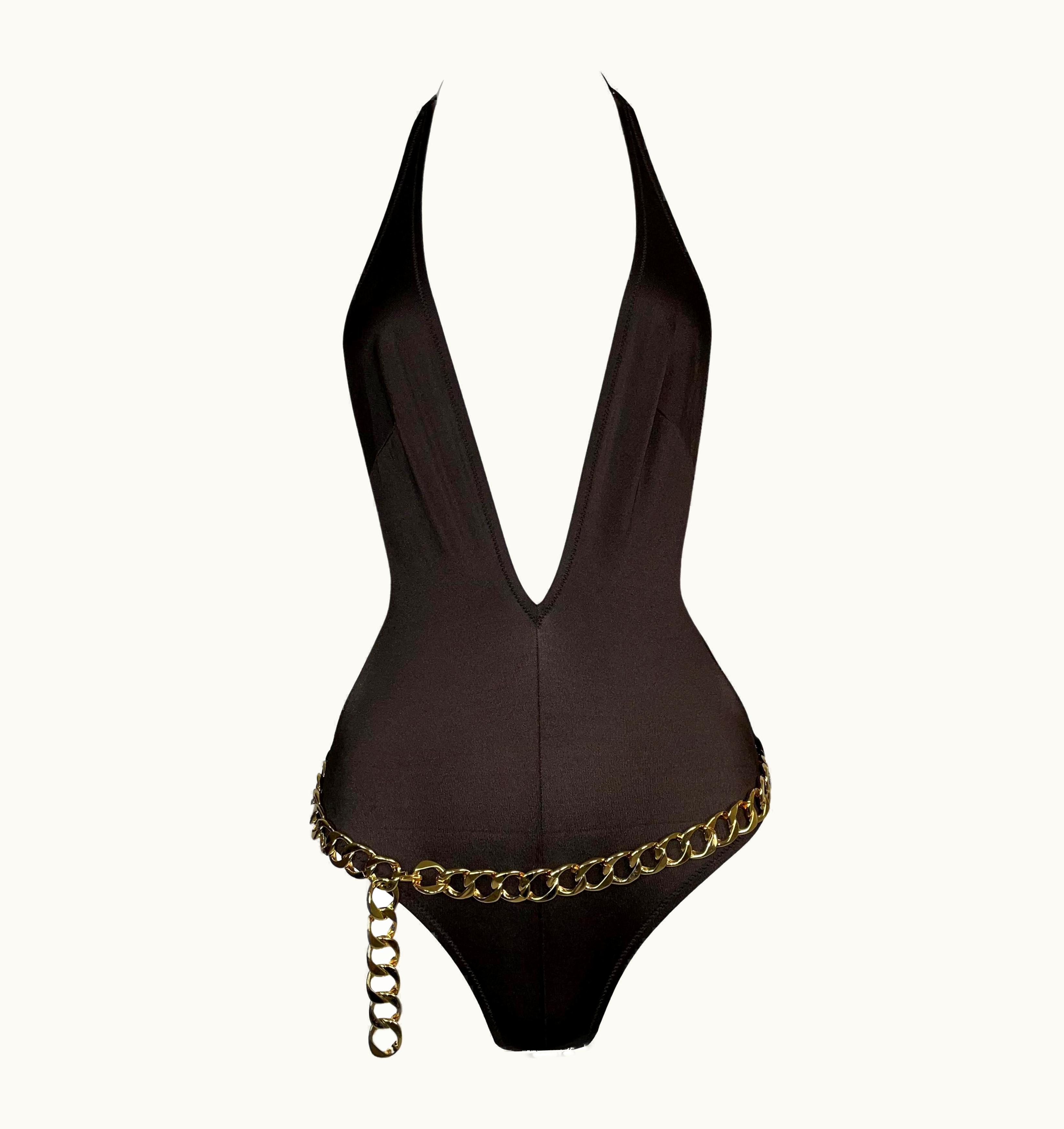 Dolce & Gabbana S/S 2000 Dolce & Gabbana Plunging Brown Swimsuit W Gold Chain Belt