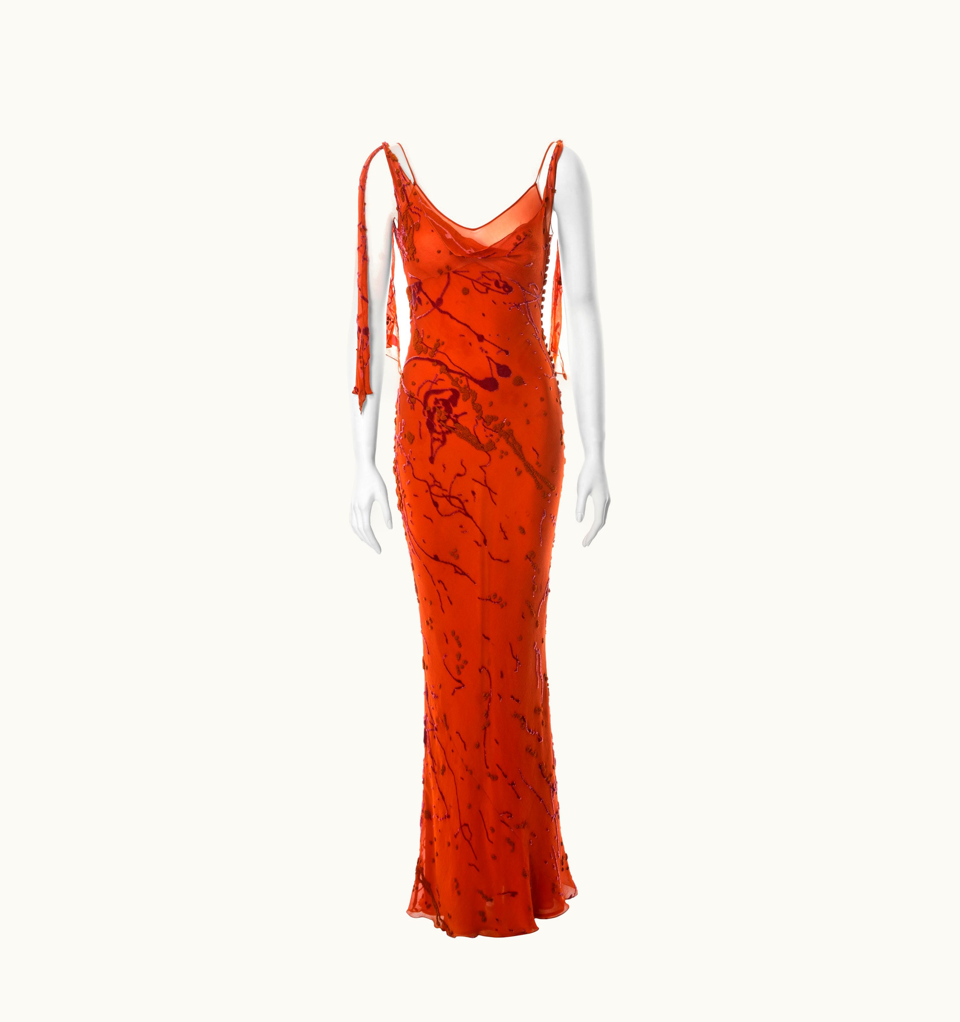 John Galliano John Galliano Orange Bias-cut Silk Devoré 'paint Splatter' Dress, AW 2000
