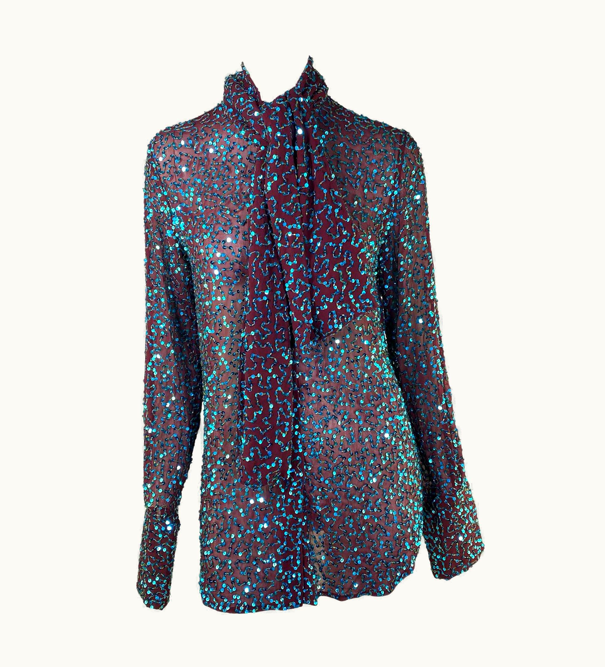Dolce & Gabbana AW 2000 Dolce & Gabbana Blue Sequin Pussy Bow Blouse Sheer Maroon