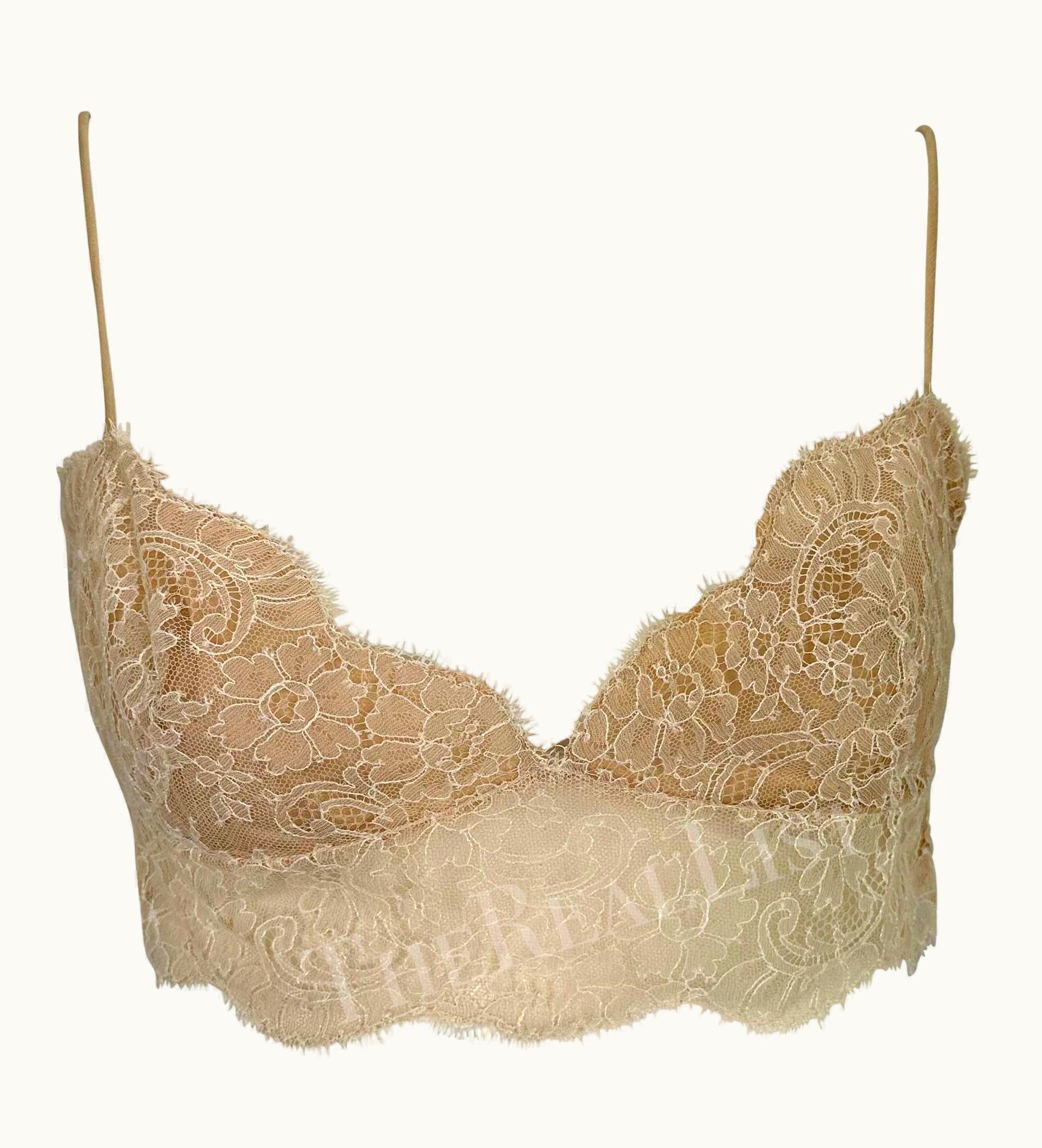 Valentino S/S 2000 Valentino Garavani Tan Cream Sheer Lace Bralette Crop Top Y2k