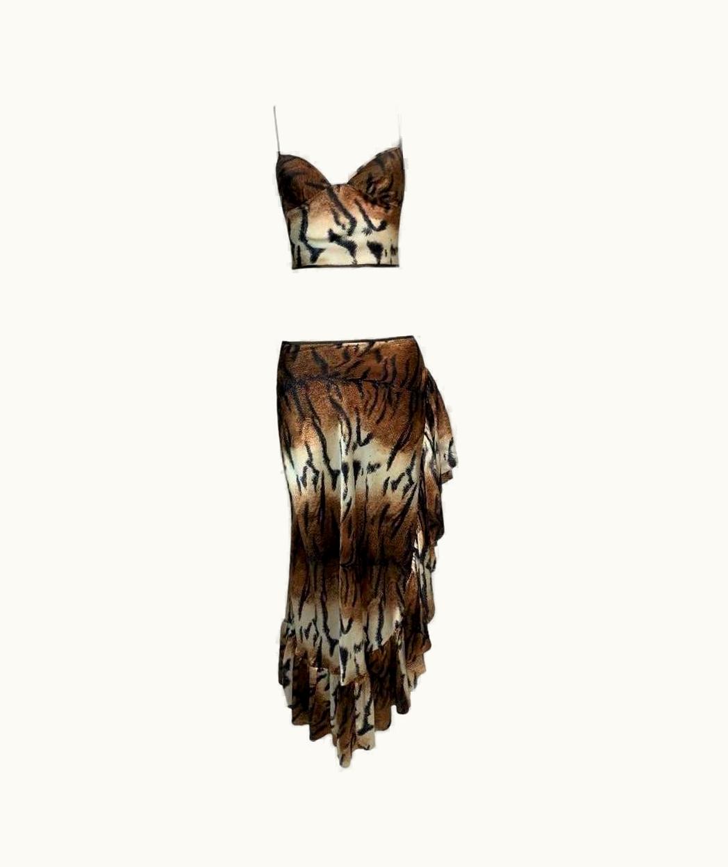 Roberto Cavalli AW 2000 Roberto Cavalli Silk Tiger Crop Top & High Slit Ruffle Maxi Skirt