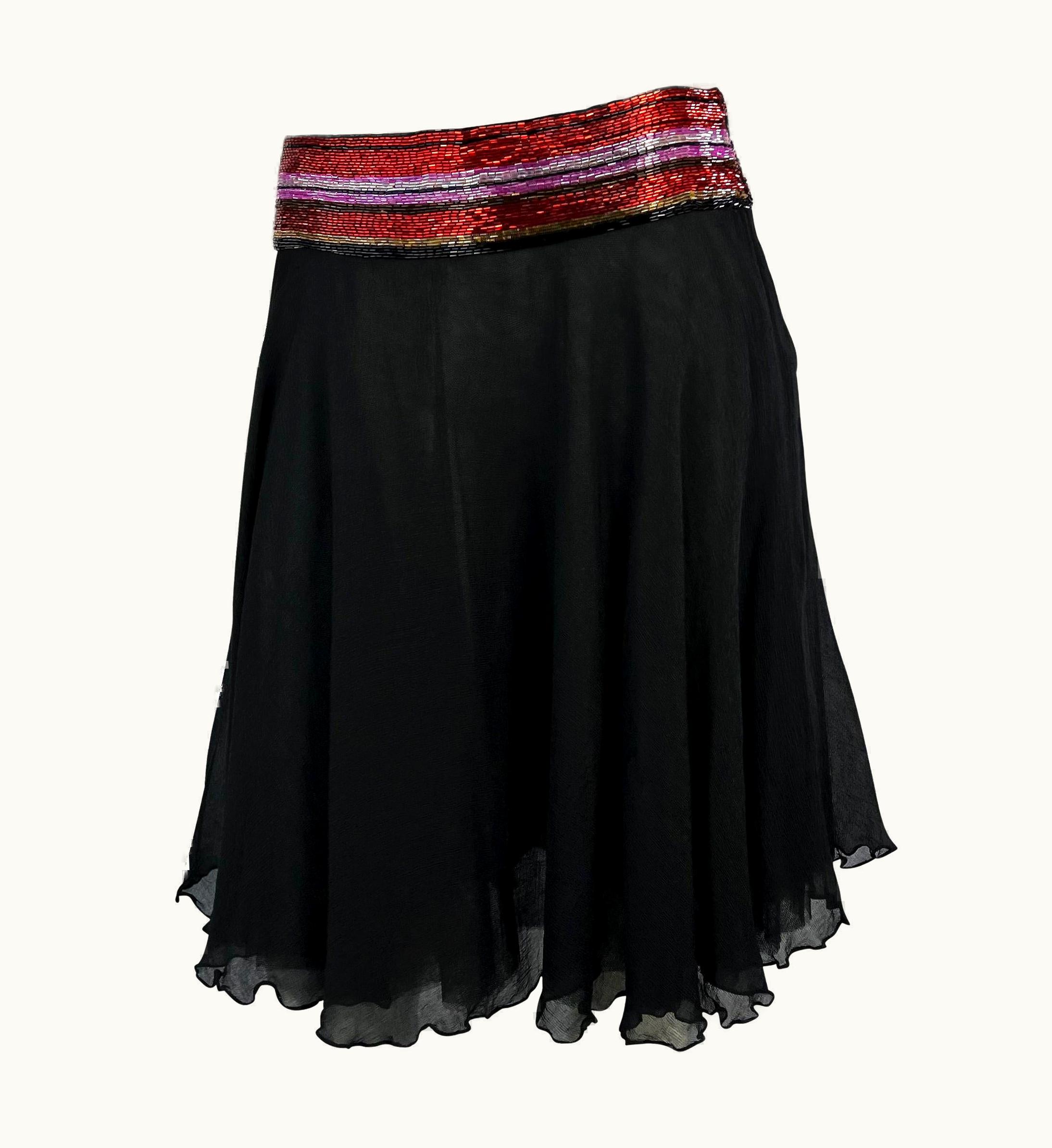 Dolce & Gabbana S/S 2000 Dolce & Gabbana Beaded Black Silk Chiffon Red Stripe Waistband Skirt