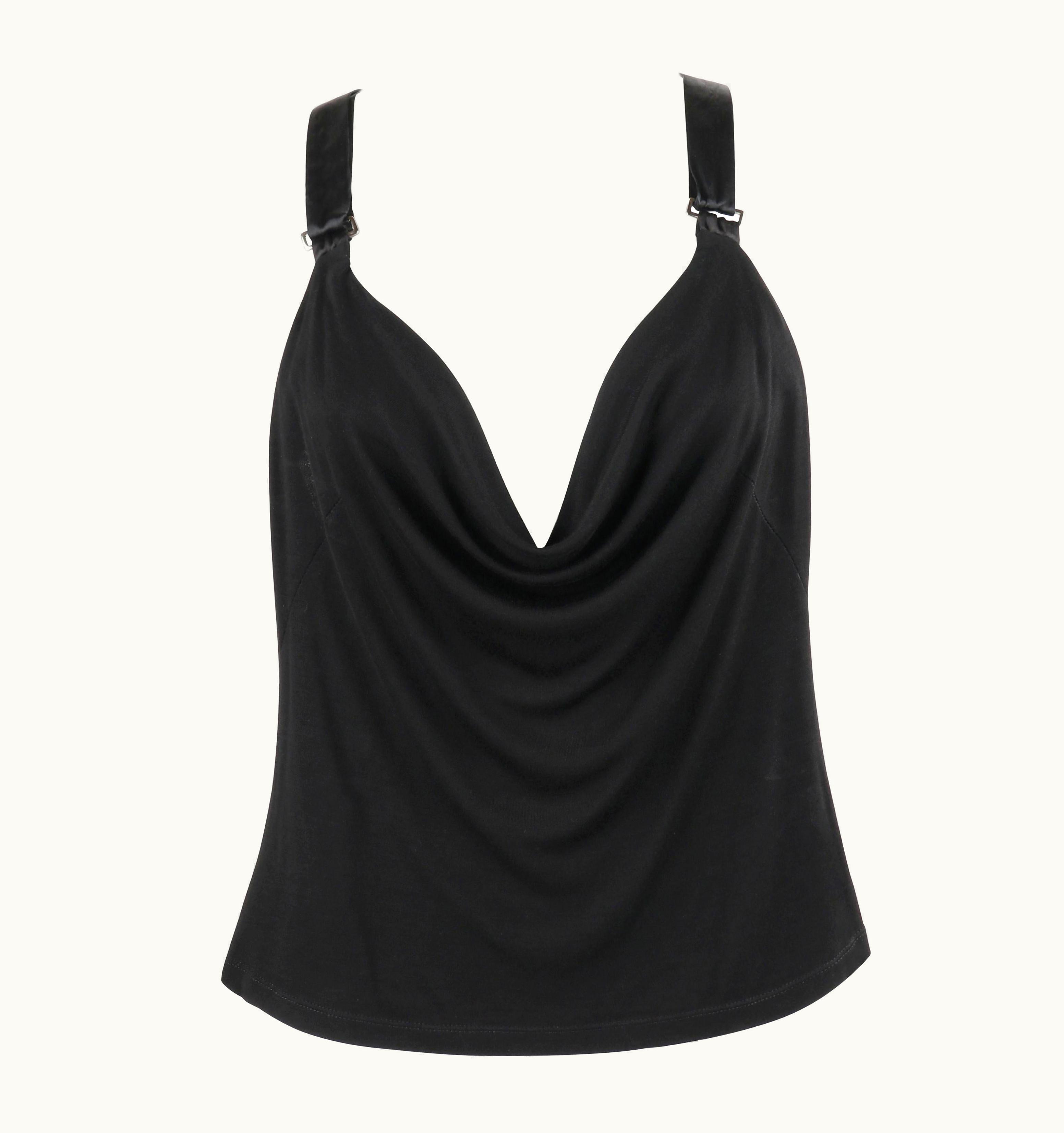 Alexander McQueen Alexander McQUEEN S/S 2000 Knit Black Cowl Neck Satin Suspender Strap Tank Top