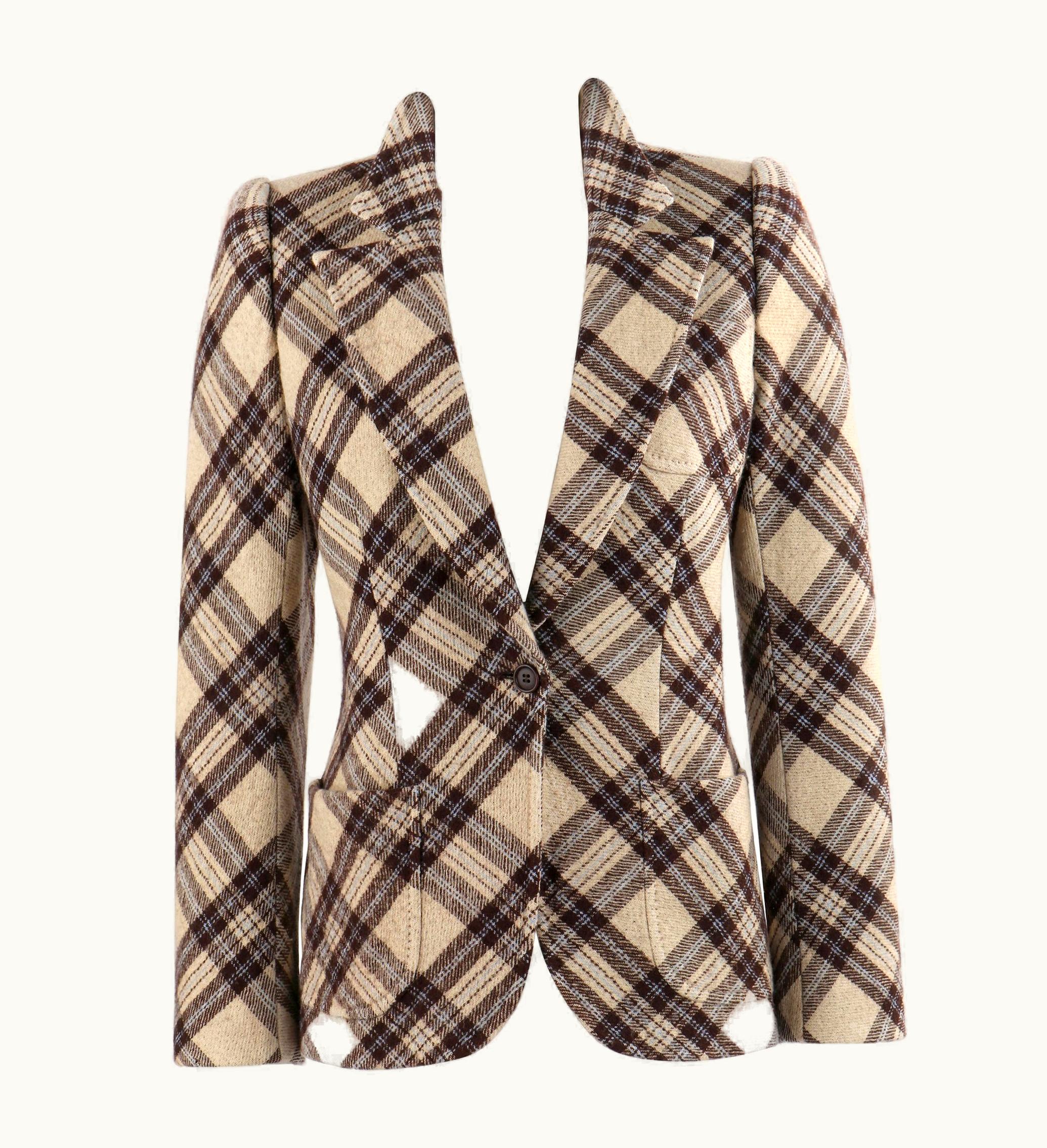 Alexander McQueen Alexander McQUEEN AW 2000 "Eshu" Tan Brown Blue Check Plaid Print Blazer Jacket