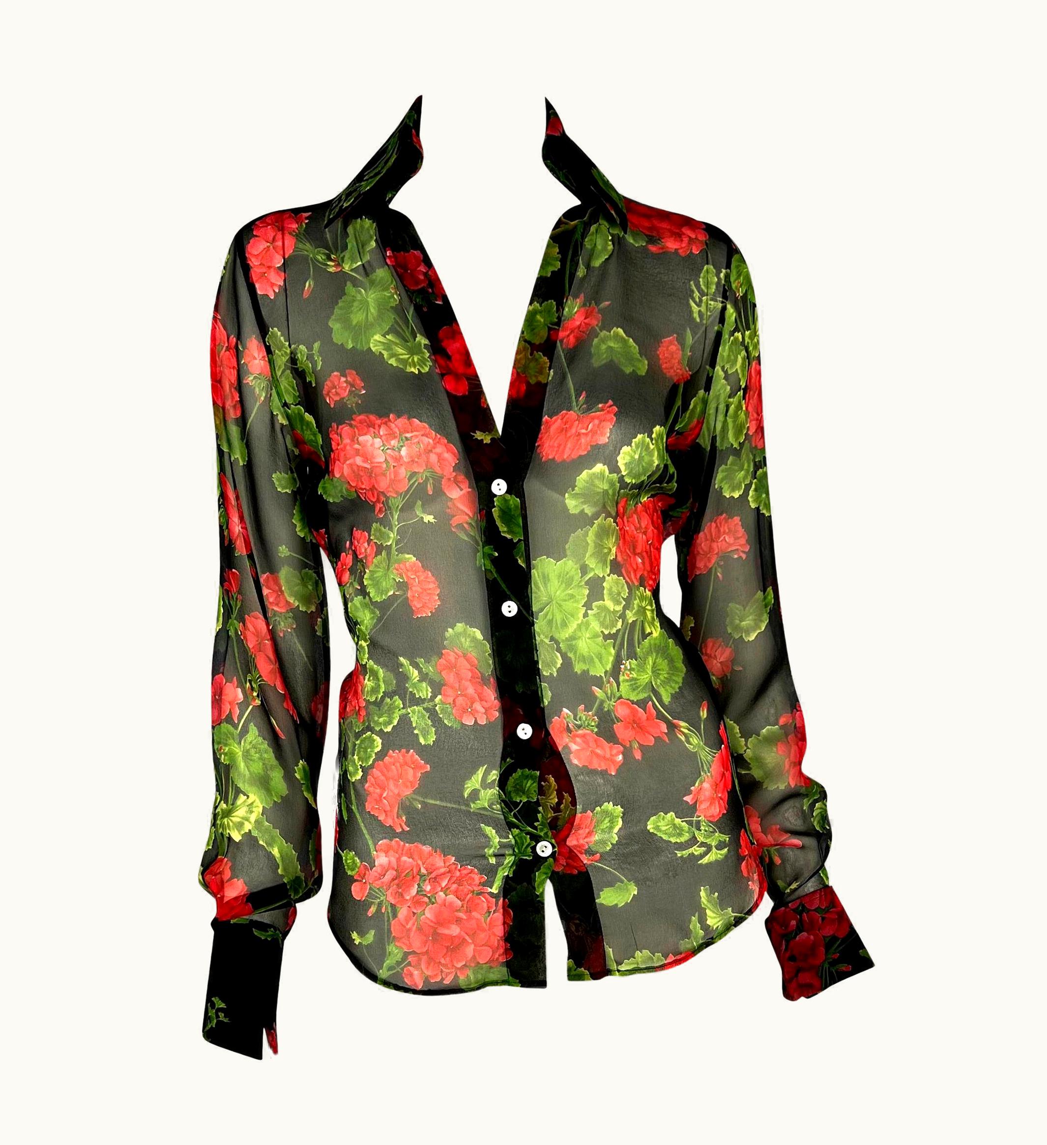 Dolce & Gabbana S/S 2000 Dolce & Gabbana Sheer Red Floral Print Silk Rhinestone Button Up Blouse