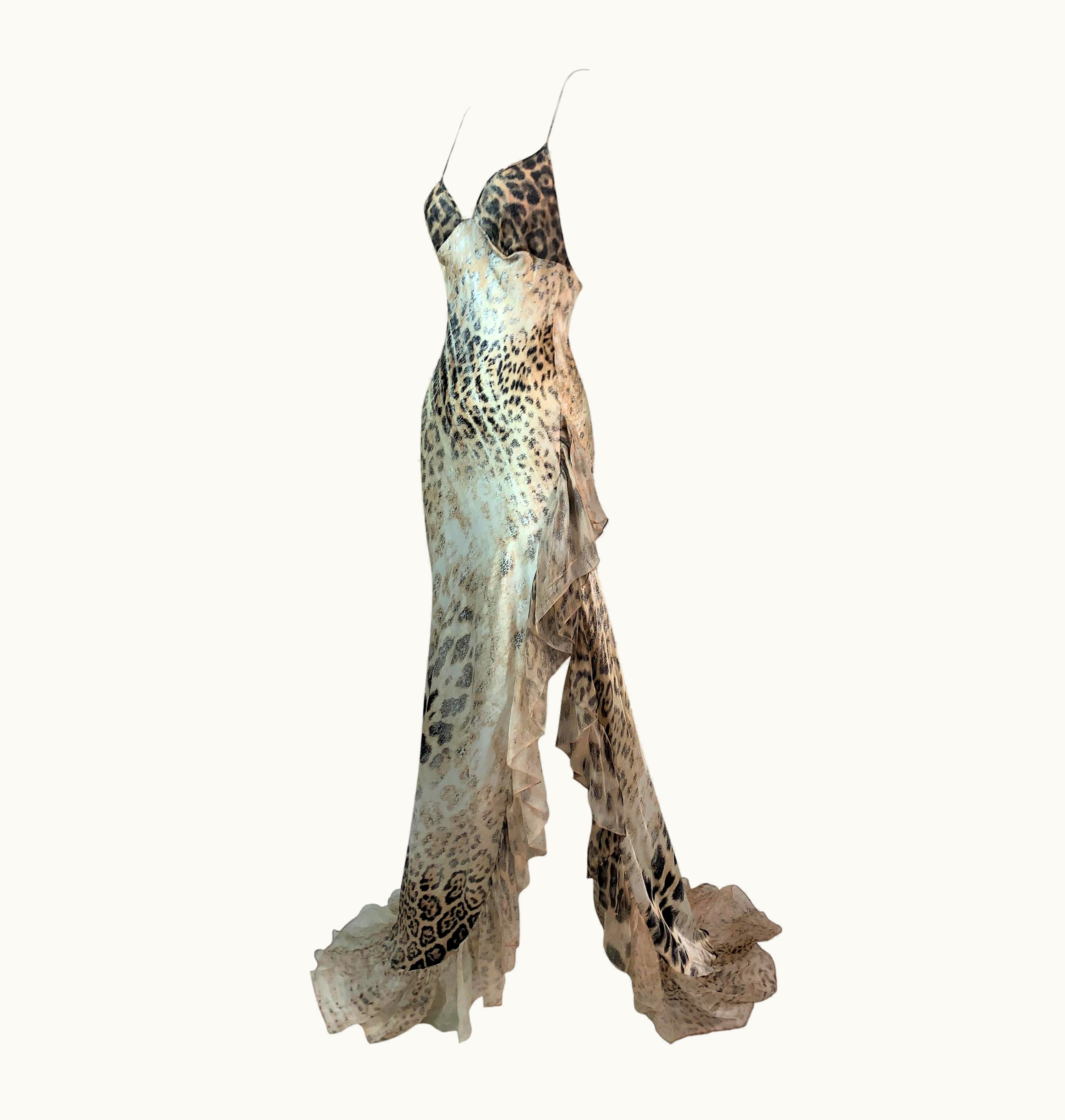 Roberto Cavalli AW 2000 Roberto Cavalli Sheer Silk Leopard High Slit Ruffle Gown Dress