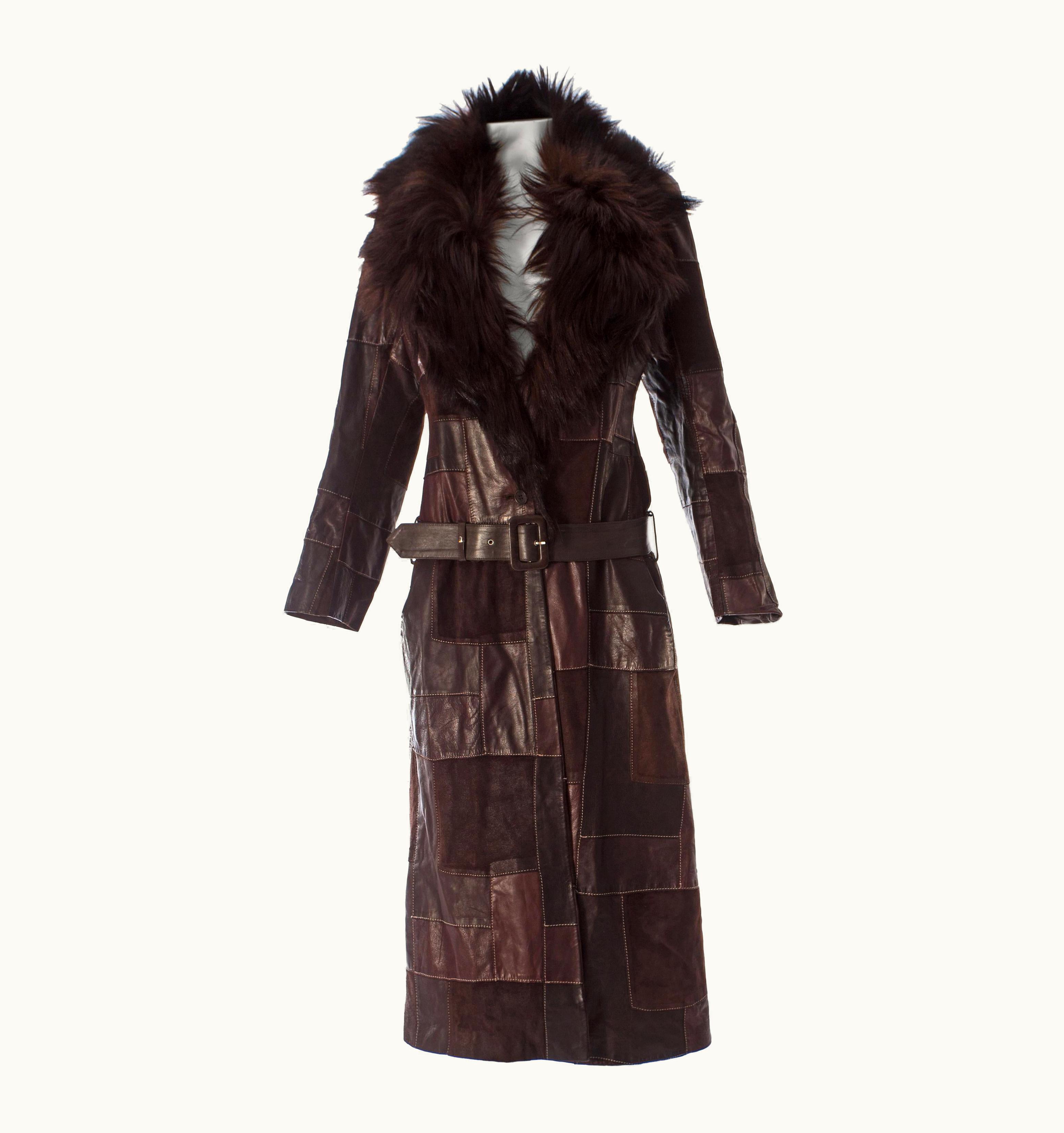 Alexander McQueen Alexander McQueen Brown Leather Patchwork Coat With Goat Hair Collar, A S/S W 2000
