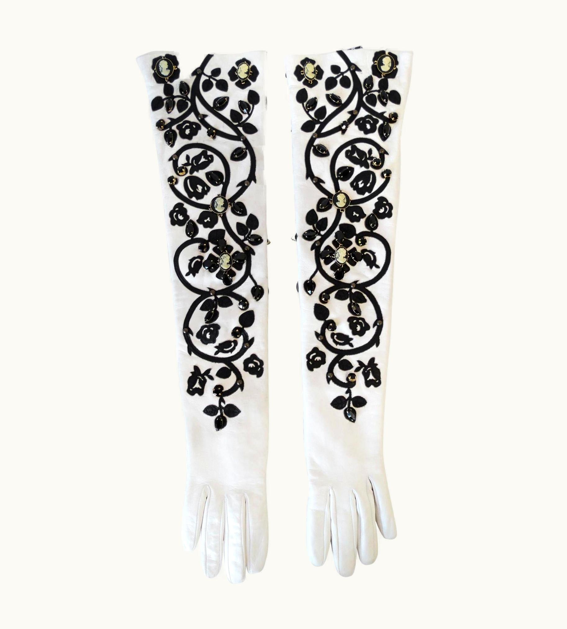 Dolce & Gabbana 2000s Dolce & Gabbana Crystal White Leather Elbow Gloves