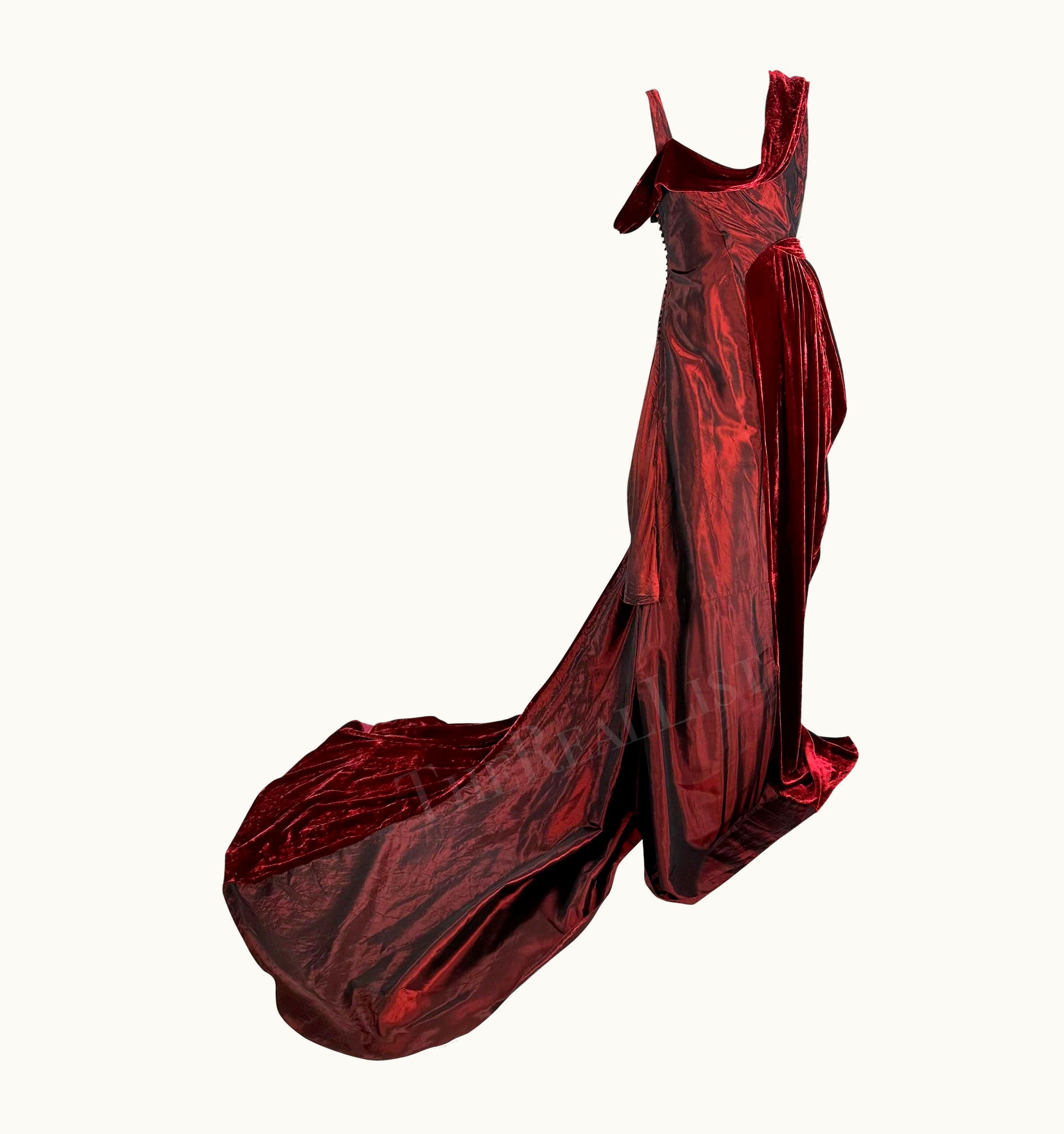 John Galliano AW 2006 John Galliano Burgundy Velvet Iridescent Satin Asymmetric Gown Train