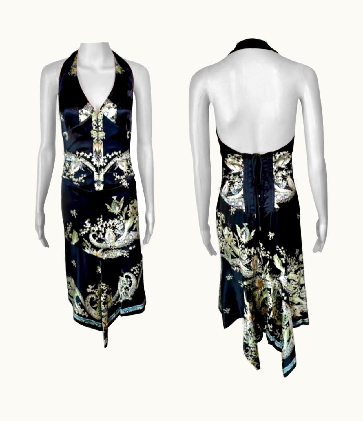 Roberto Cavalli Roberto Cavalli S/S 2003 Corset Lace Up Chinoiserie Print Silk Asymmetric Dress