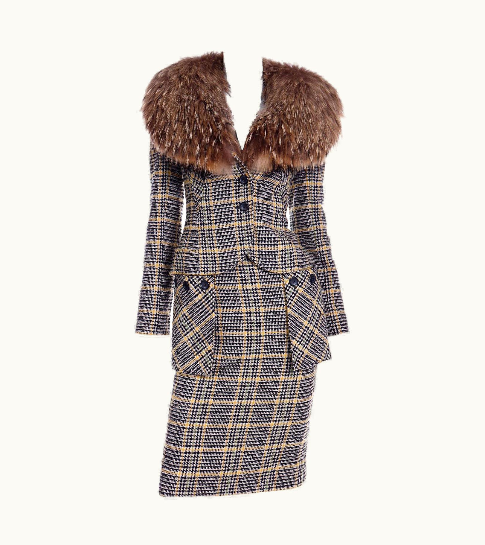 Valentino Valentino 2004 Runway Navy Blue Plaid Wool Skirt & Jacket Suit With Fox Fur