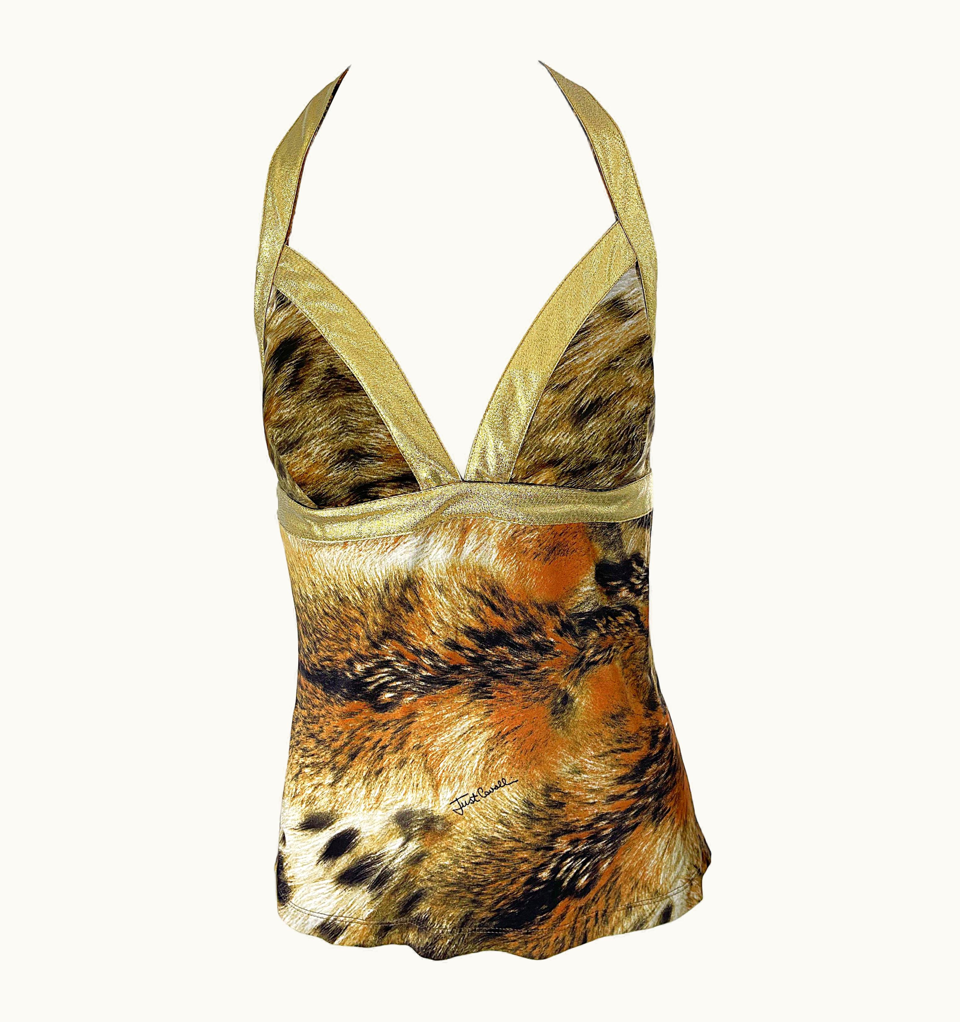 Roberto Cavalli 2000s Roberto Cavalli Lion Animal Print Gold Lame arge Racerback Top Shirt