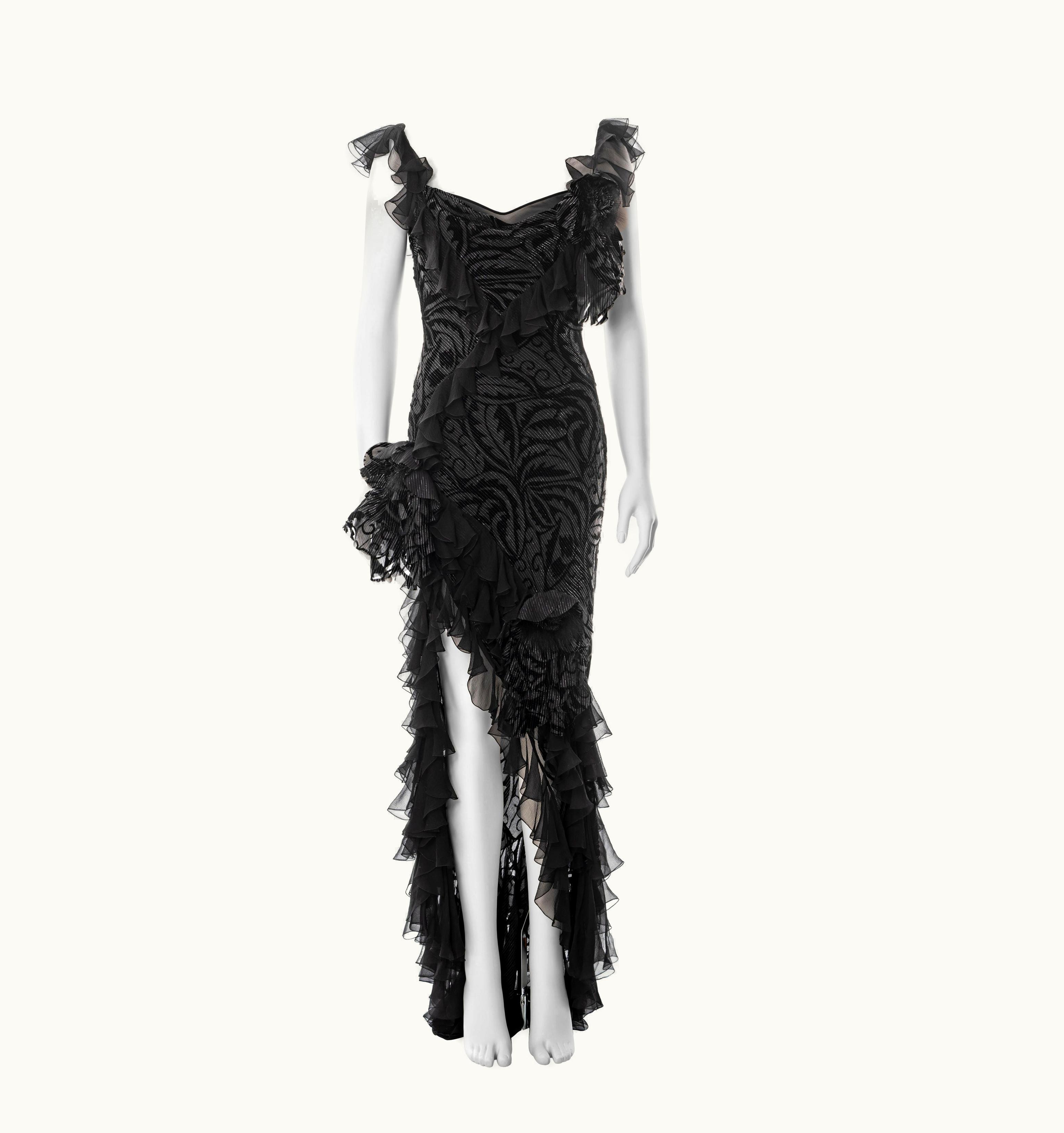John Galliano John Galliano Metallic Black Bias Cut Chiffon Evening Dress, AW 2003