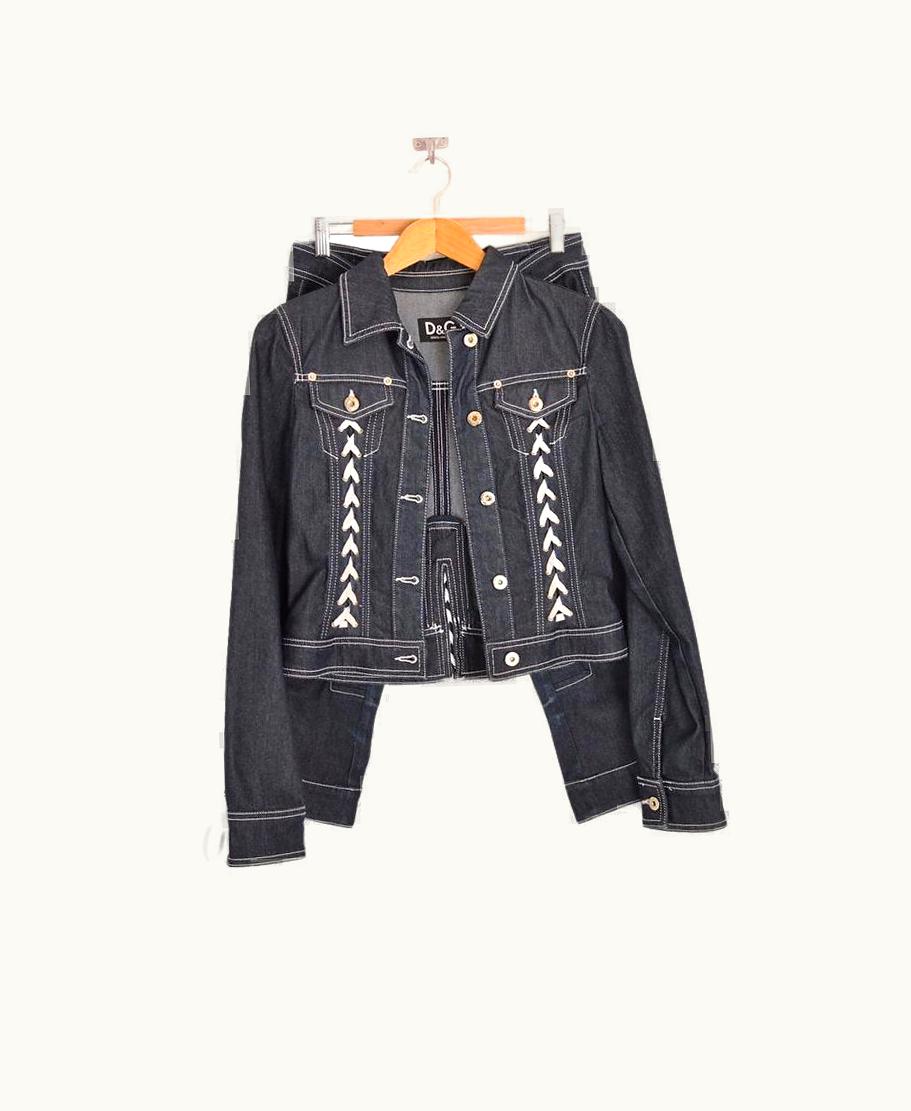 Dolce & Gabbana Dolce & Gabbana Y2k Lace Up Dark Denim Two Piece Jacket & Crop Pants Suit