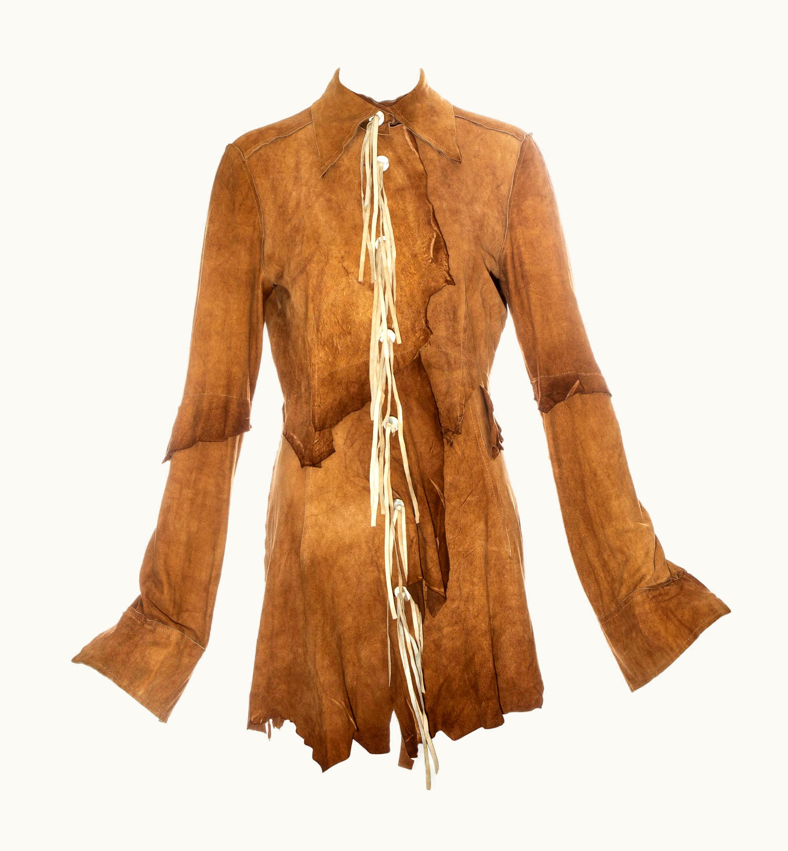 Dolce & Gabbana Dolce & Gabbana Tan Suede Patchwork Mini Shirt Dress, S/S 2001