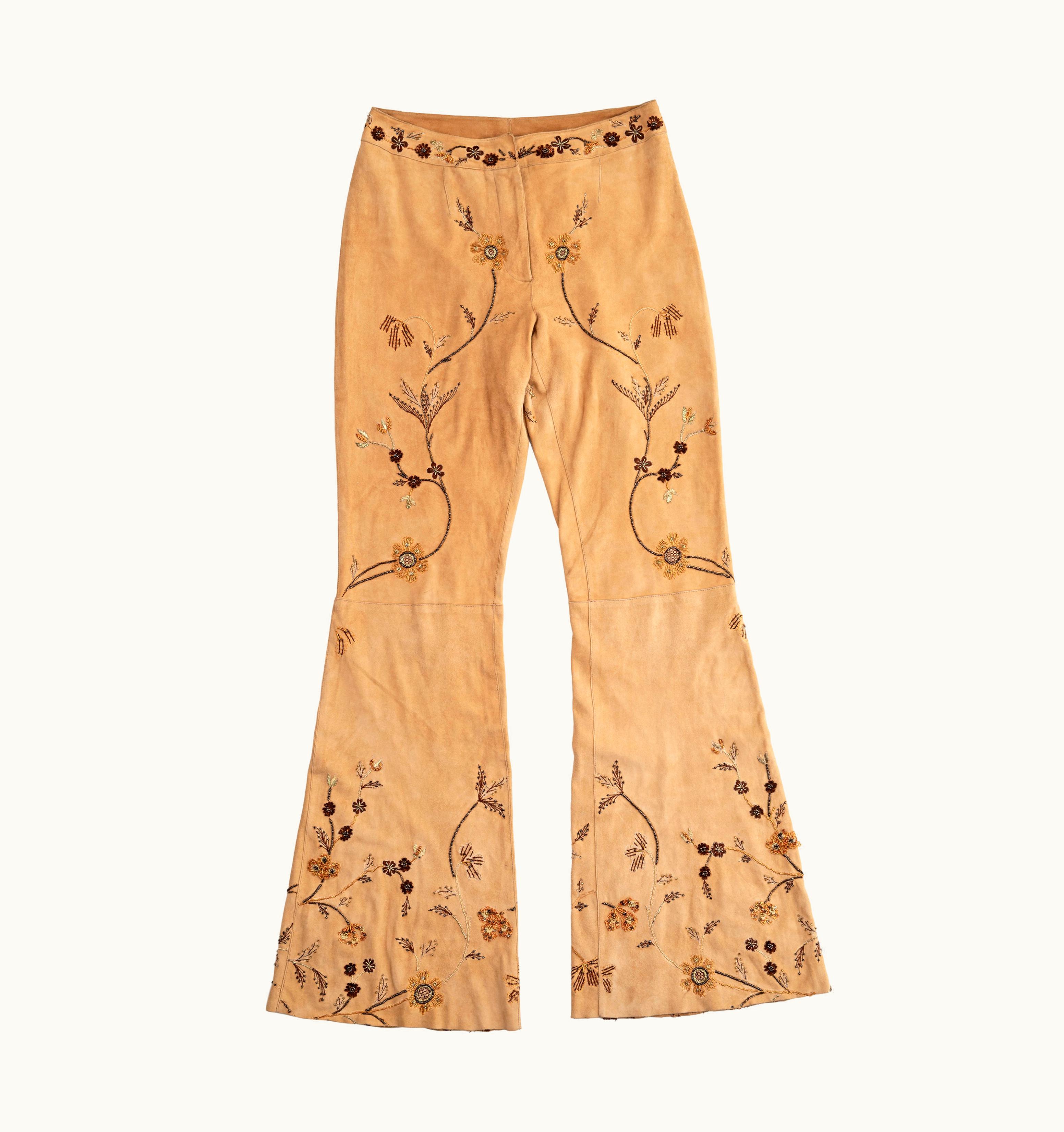Dolce & Gabbana Dolce & Gabbana Cream Goat Suede Embroidered Flared Pants, S/S 2001