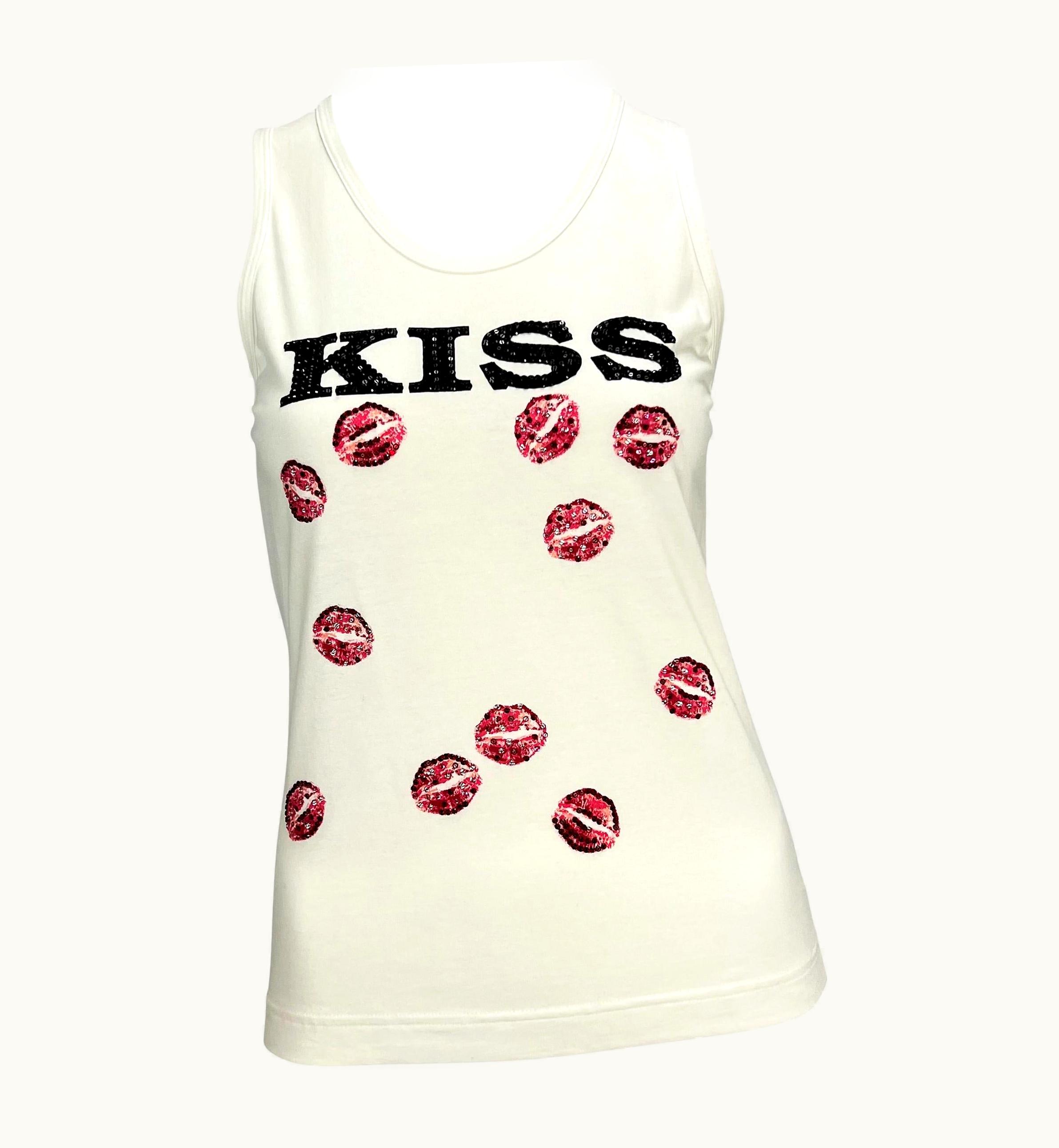Dolce & Gabbana Nwt AW 2001 Dolce & Gabbana White Rhinestone 'Kiss' Tank Top