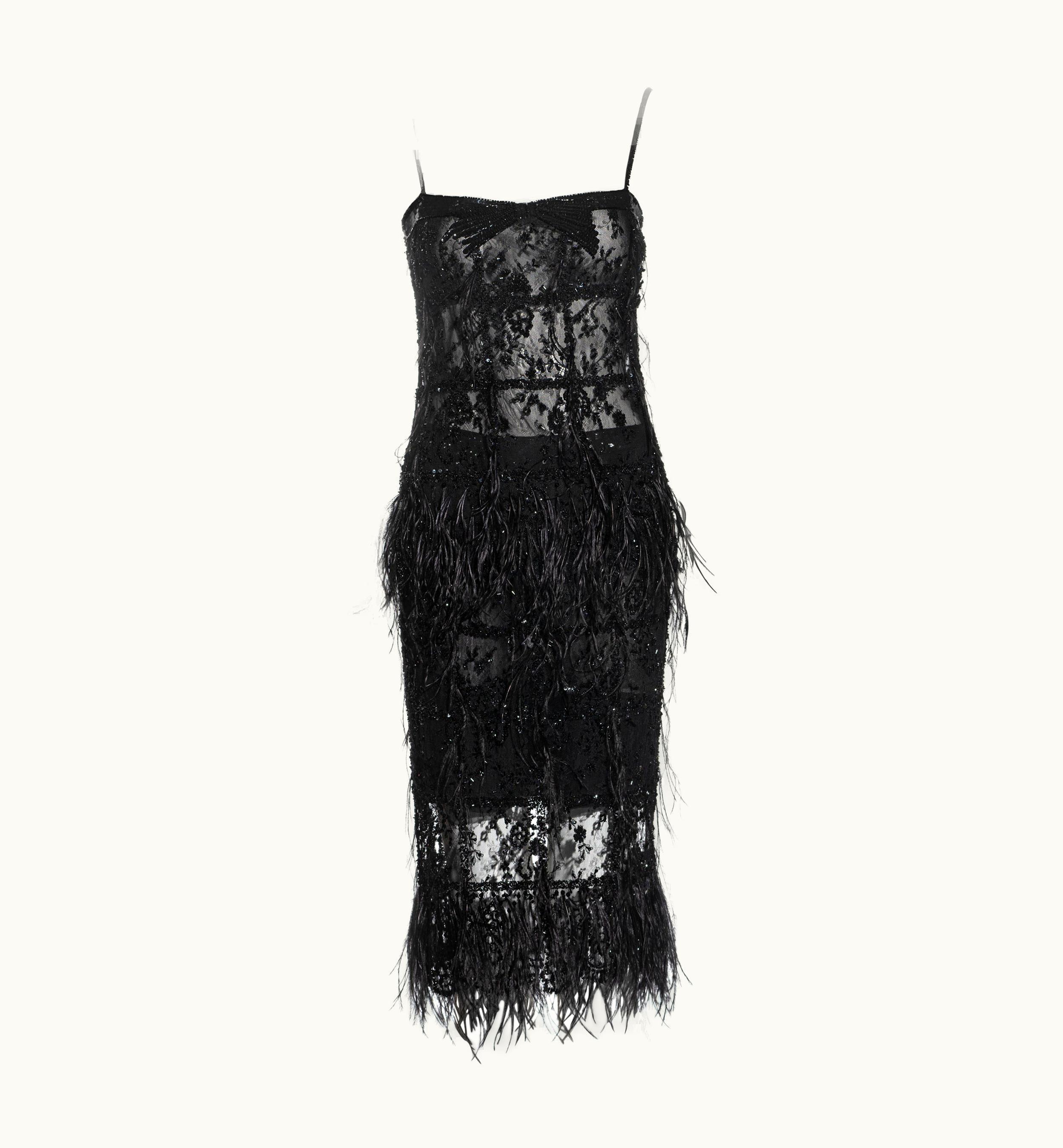 Valentino Valentino Black Beaded Lace And Ostrich Feather Evening Top And Skirt, AW 2001