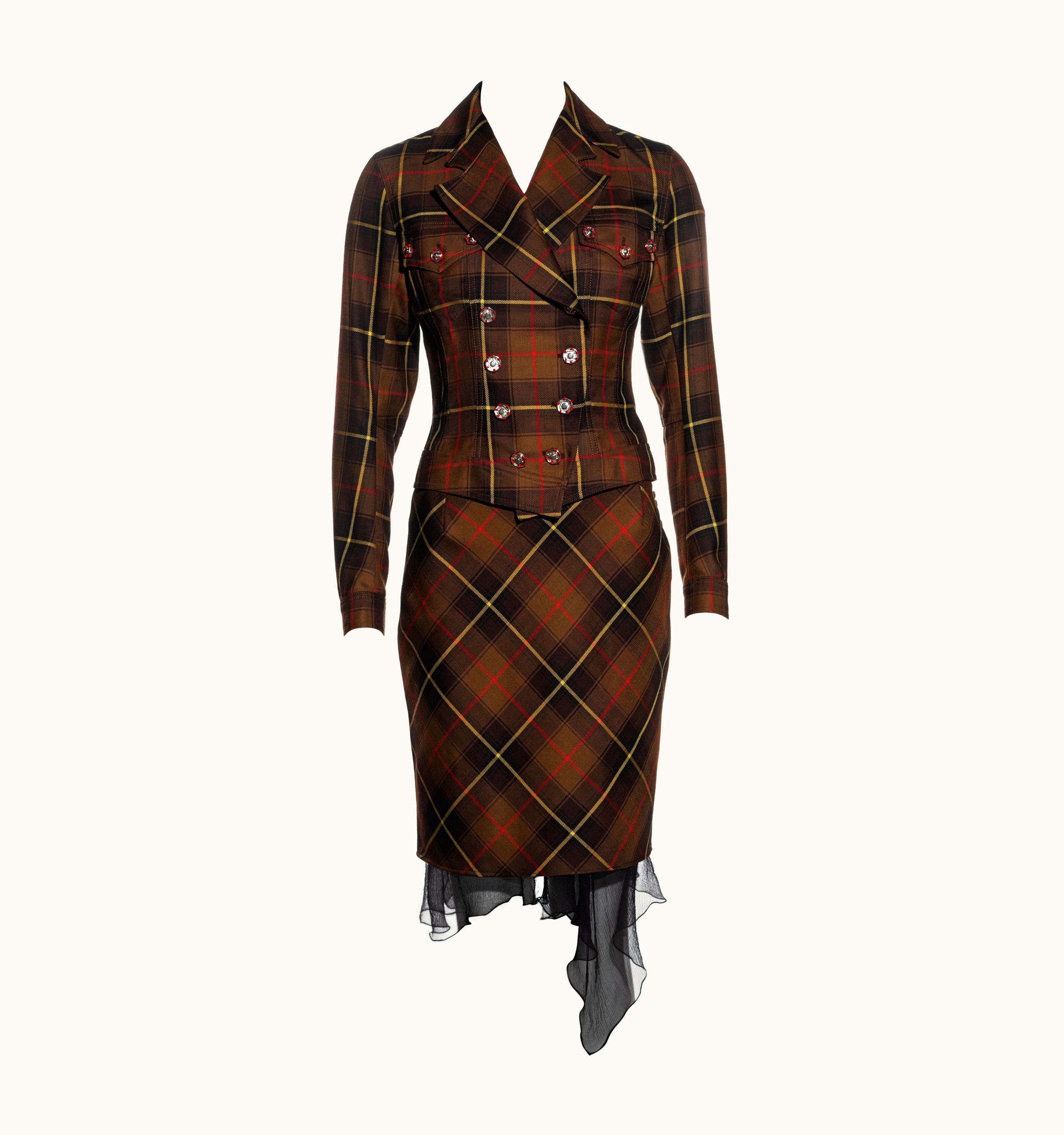 John Galliano John Galliano Brown Tartan Wool And Silk Jacket And Skirt Suit, AW 2001
