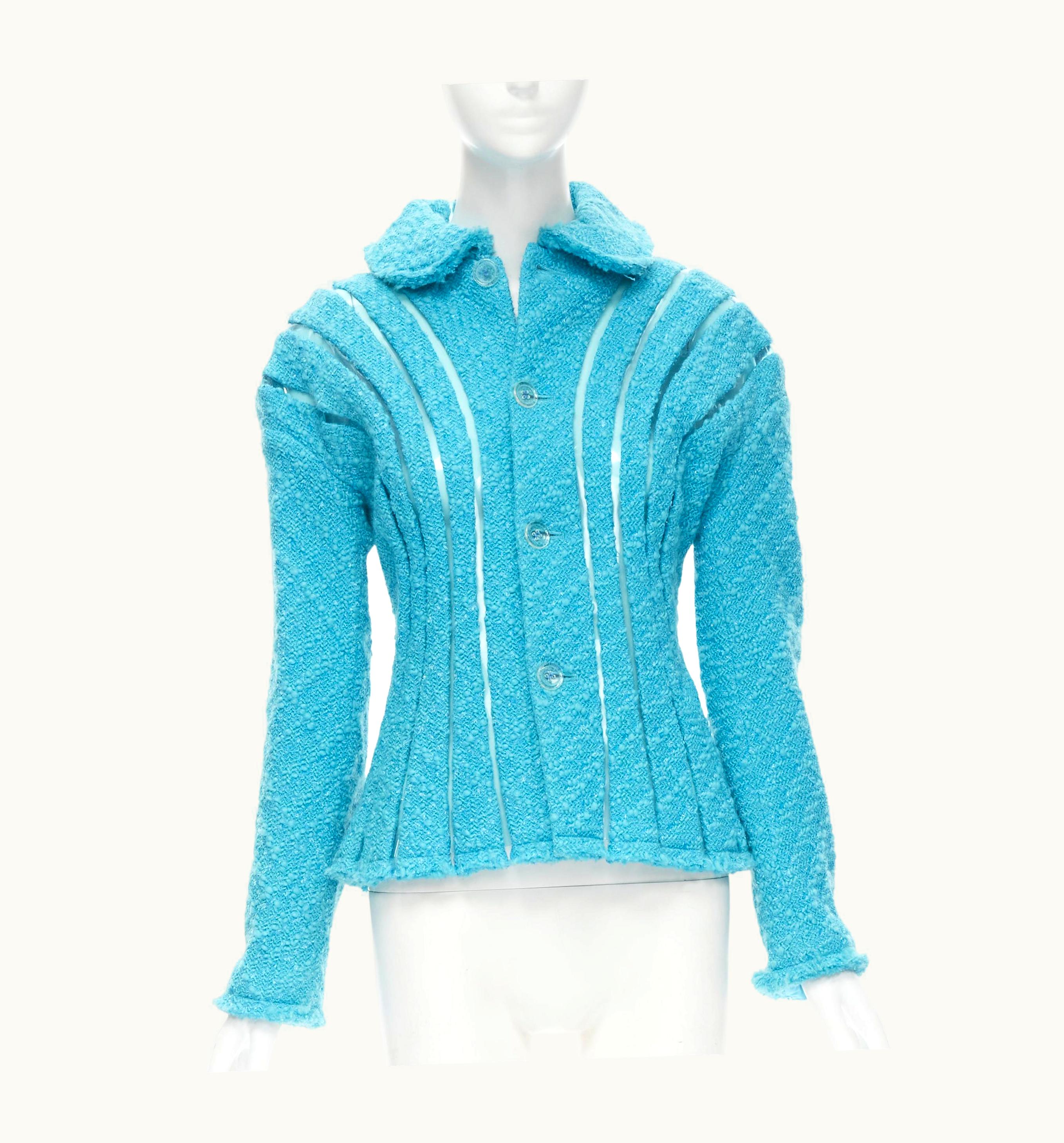 Junya Watanabe Junya Watanabe 2001 Teal Blue Boucle Tweed Pvc Trimmed Space Age Jacket