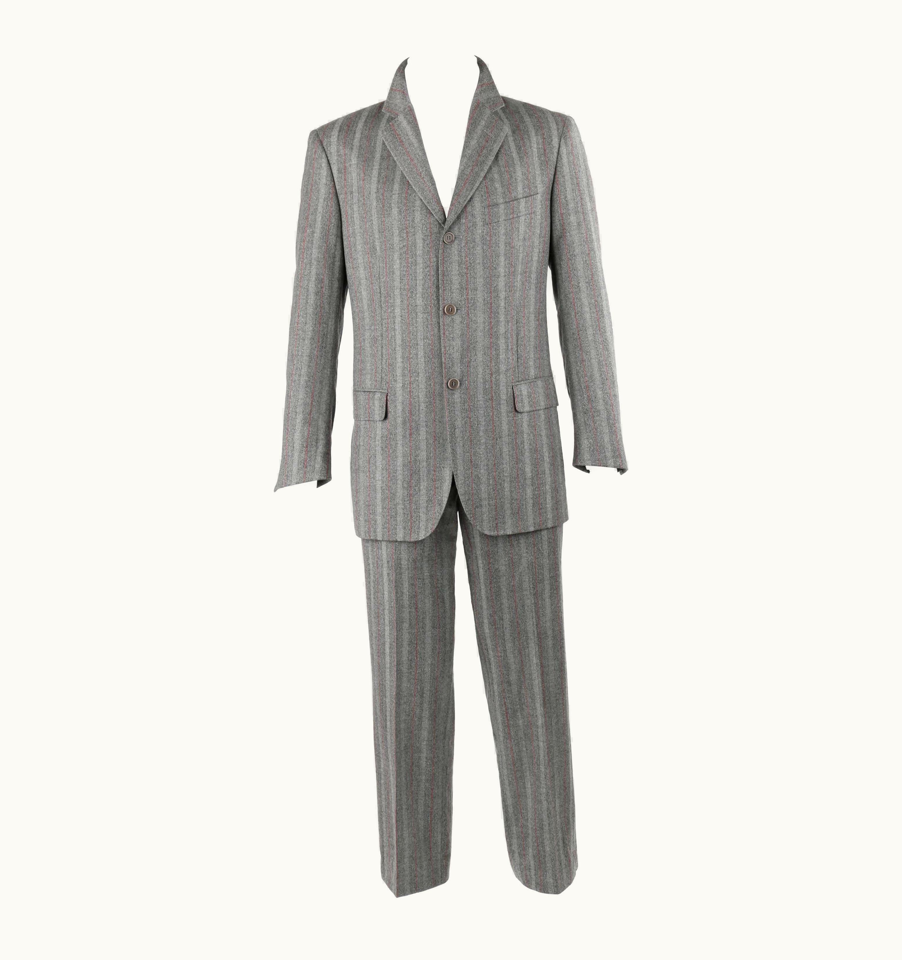 Alexander McQueen Alexander McQUEEN C.2001 2 Pc Gray & Red Pinstripe Wool Jacket Pant Suit Set