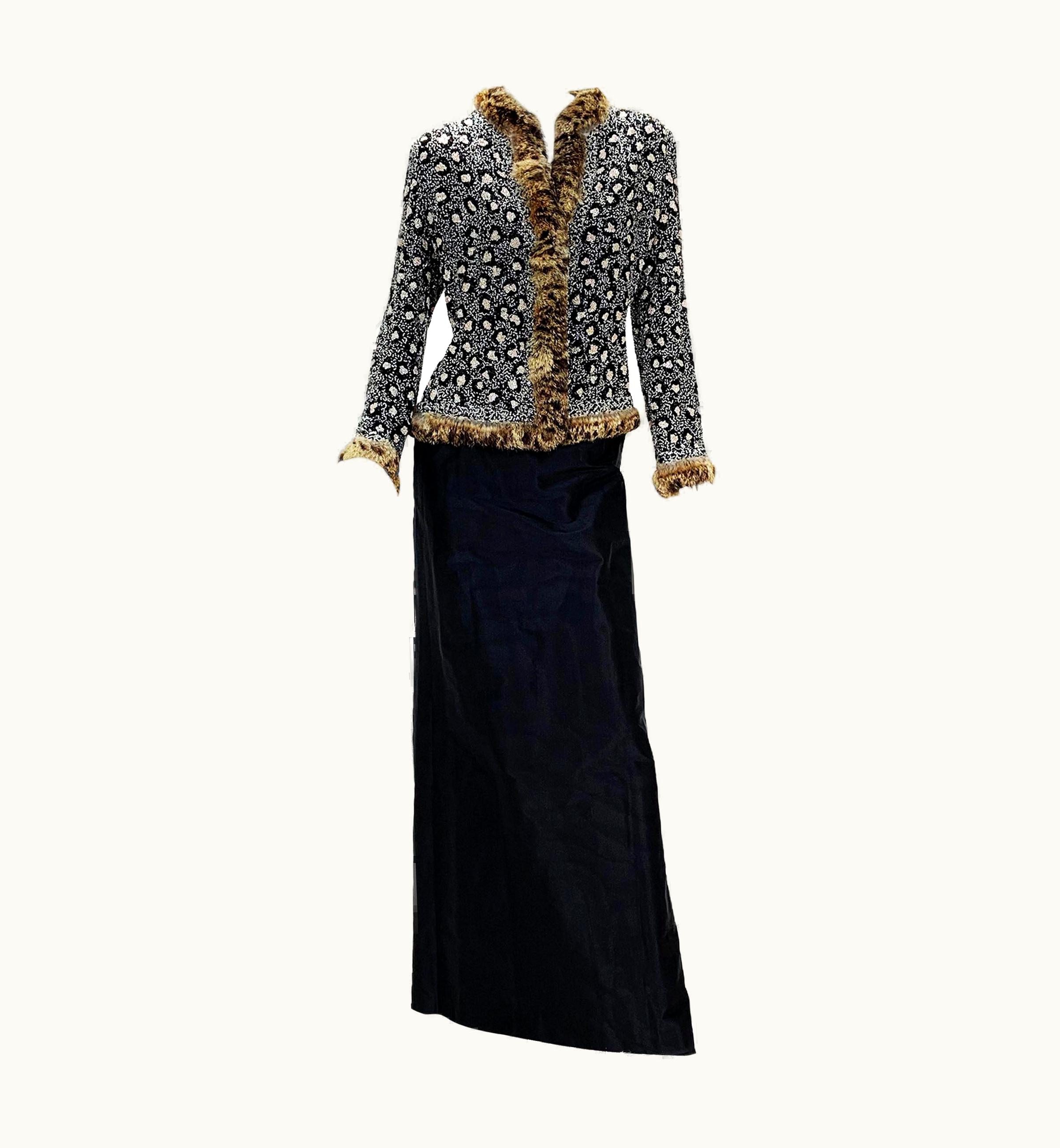 Oscar De La Renta Oscar De La Renta Runway AW 2001 Fully Beaded Fur Leopard Pattern Skirt Suit
