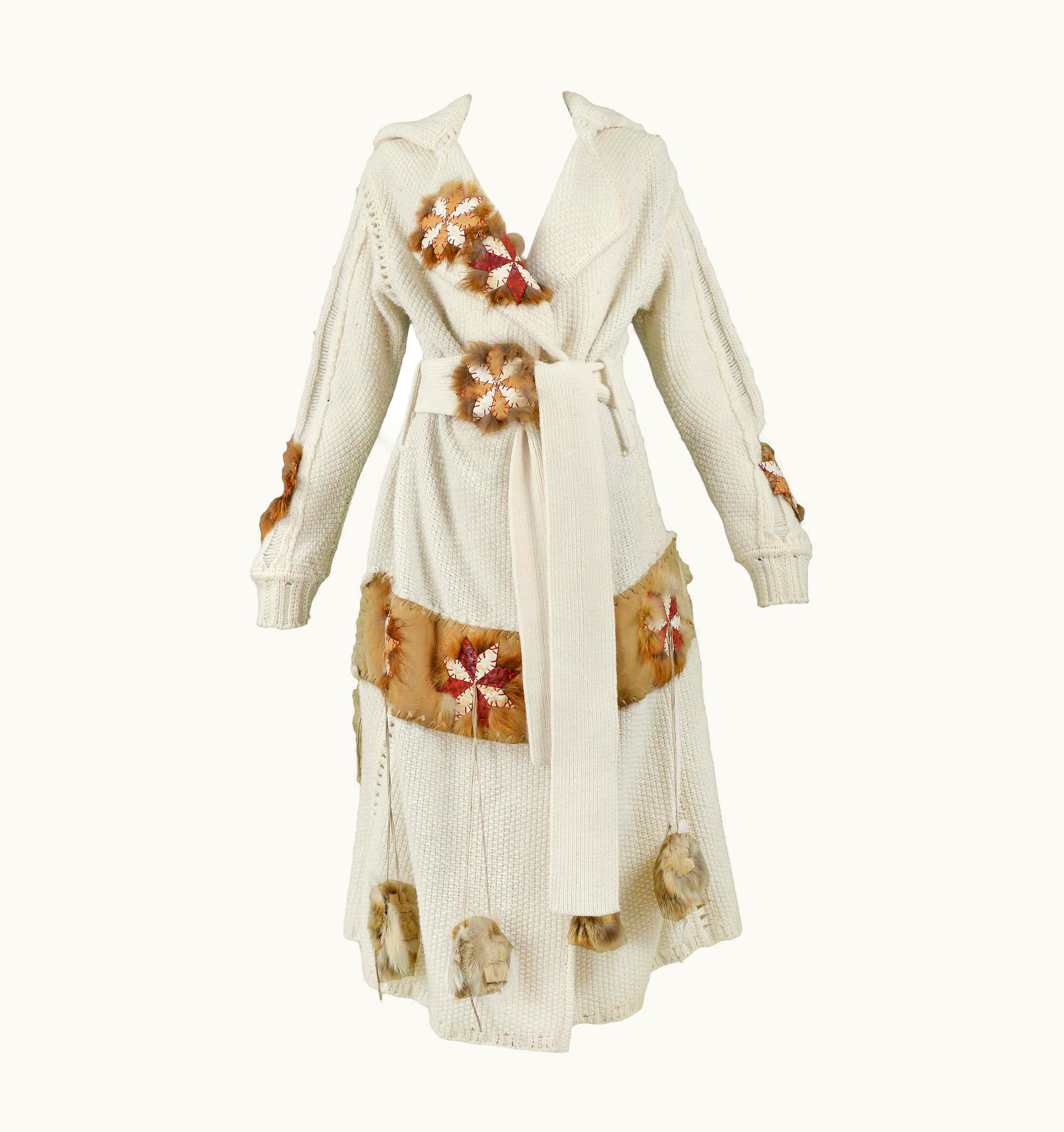 John Galliano John Galliano Leather Patchwork Long Sweater Coat & Belt 2002