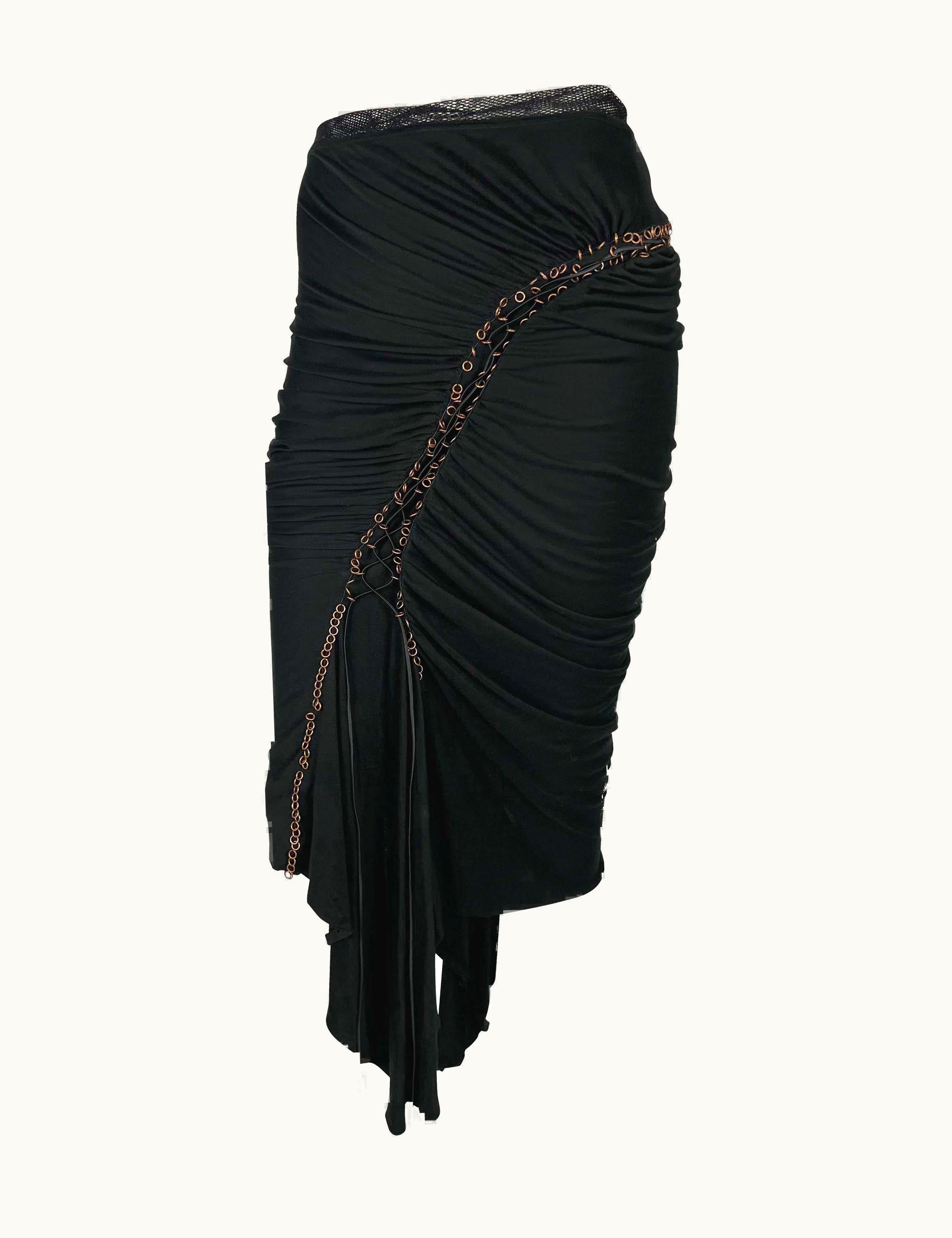 Alexander McQueen AW 2002 Alexander McQueen Black Stretch Asymmetric Ruched Lace-Up Skirt