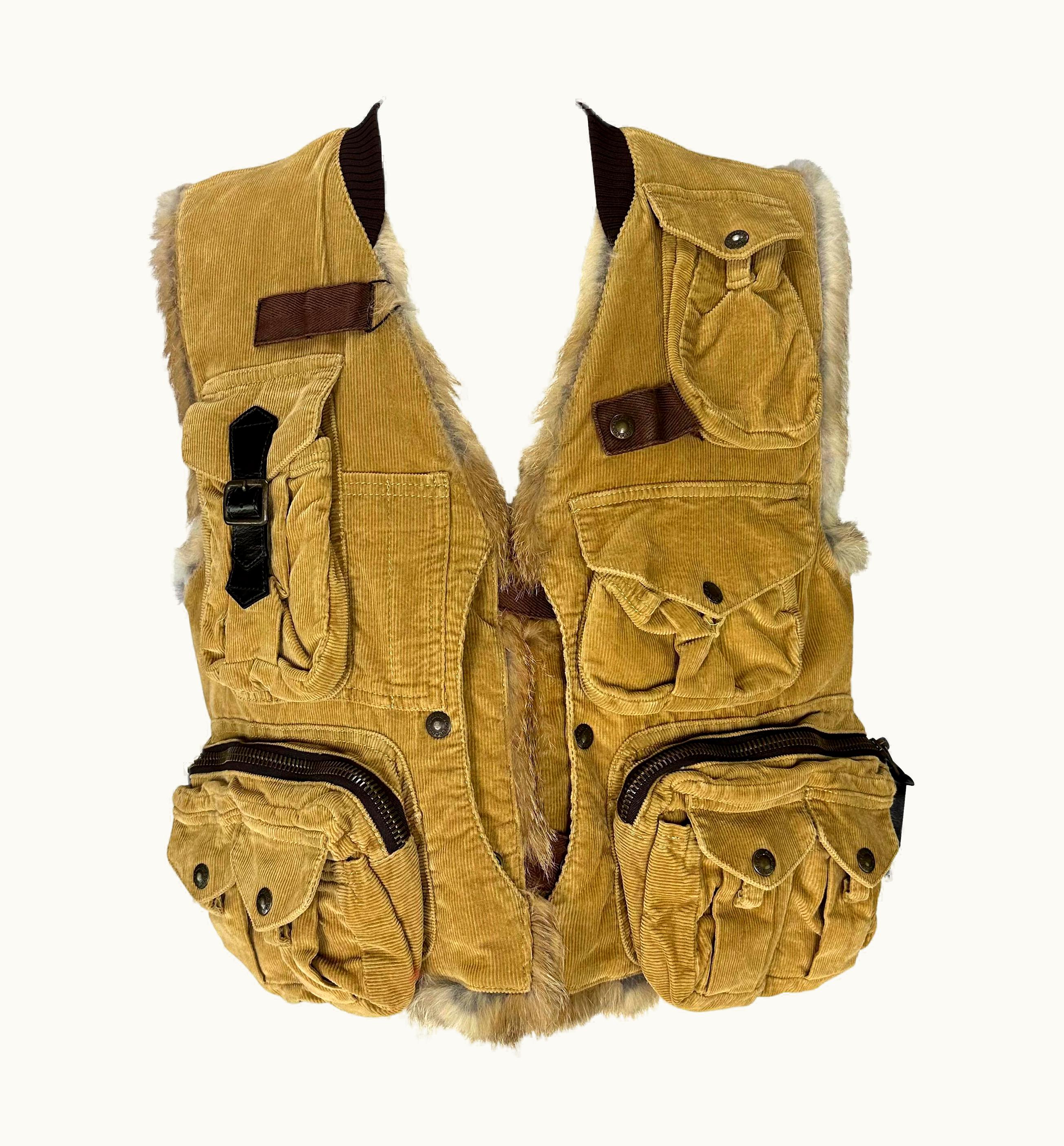 Dolce & Gabbana Nwt AW 2002 Dolce & Gabbana Runway Fur Lined Corduroy Cargo Pocket Vest