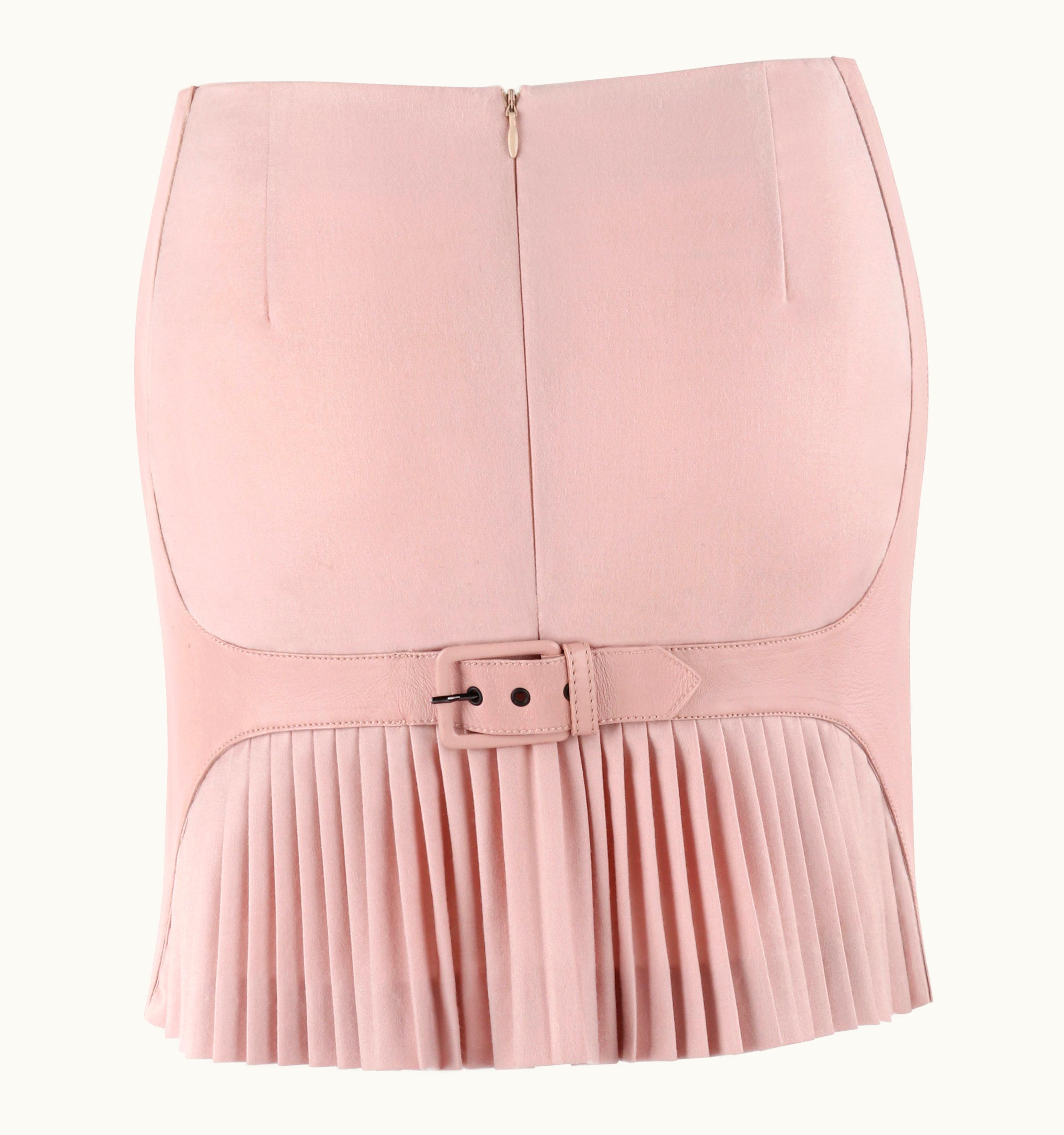 Alexander McQueen Alexander McQUEEN AW 2002 Pink Wool Leather Pleated Belt Buckle Mini Skirt