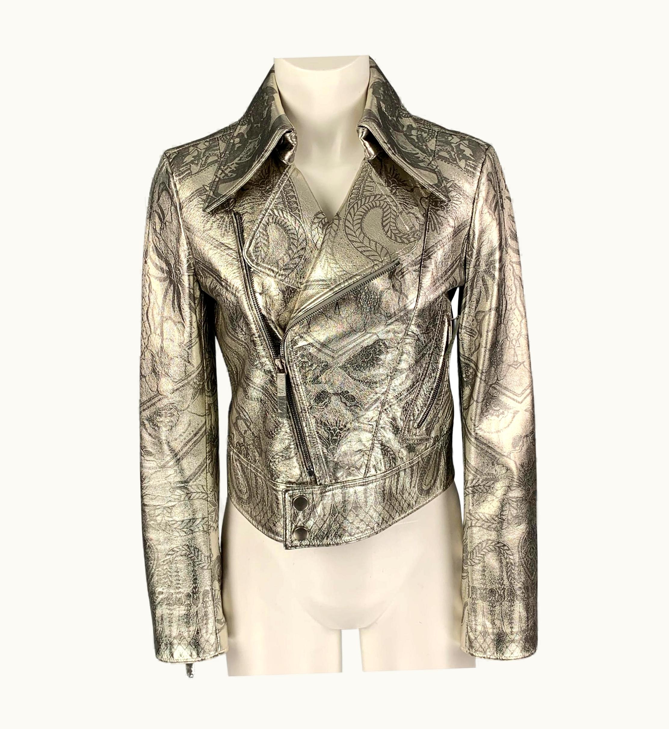 Roberto Cavalli Roberto Cavalli Silver Print Leather Metallic Cropped Biker Jacket