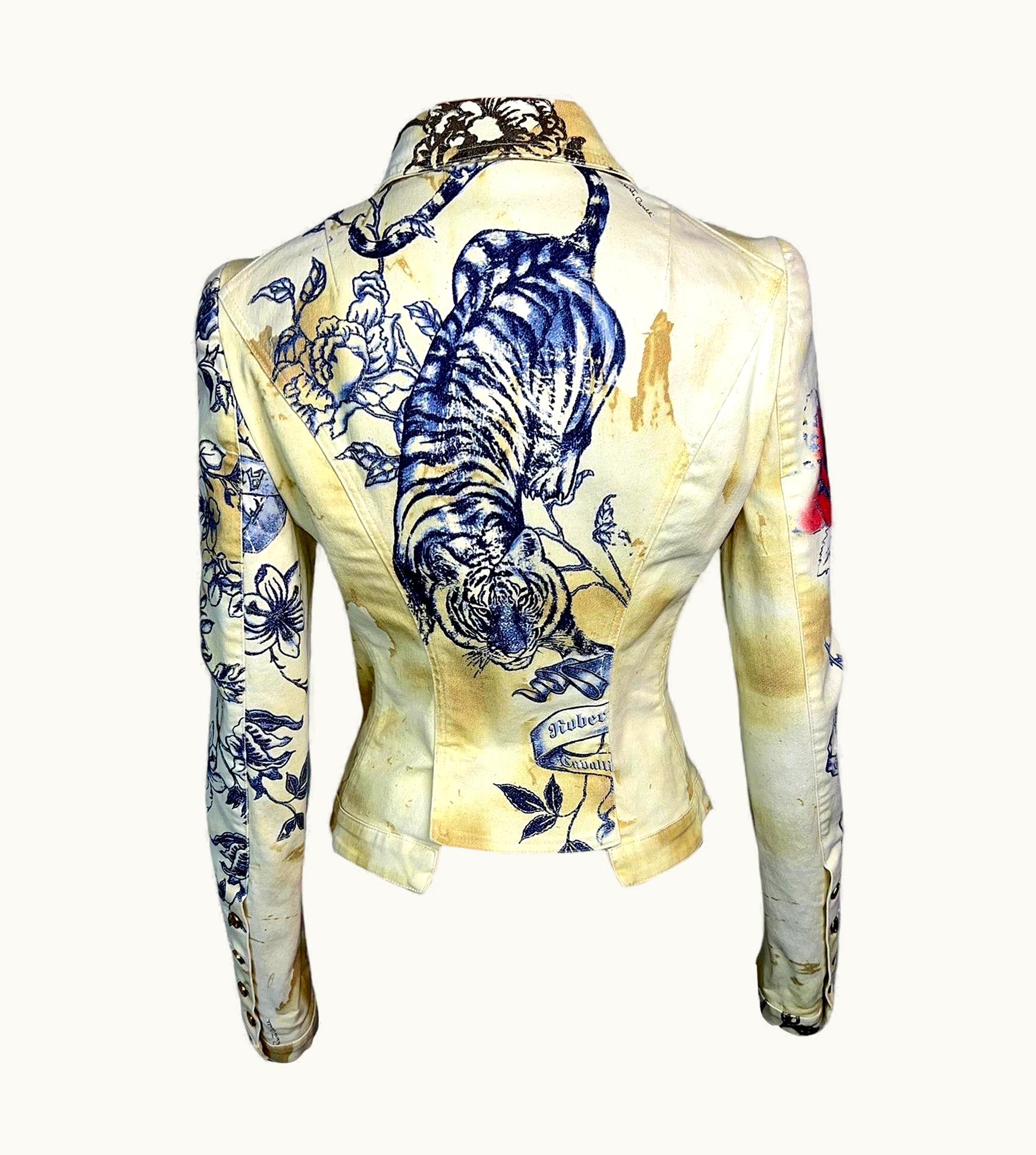 Roberto Cavalli Roberto Cavalli S/S 2003 Tattoo Print Denim Jacket Coat