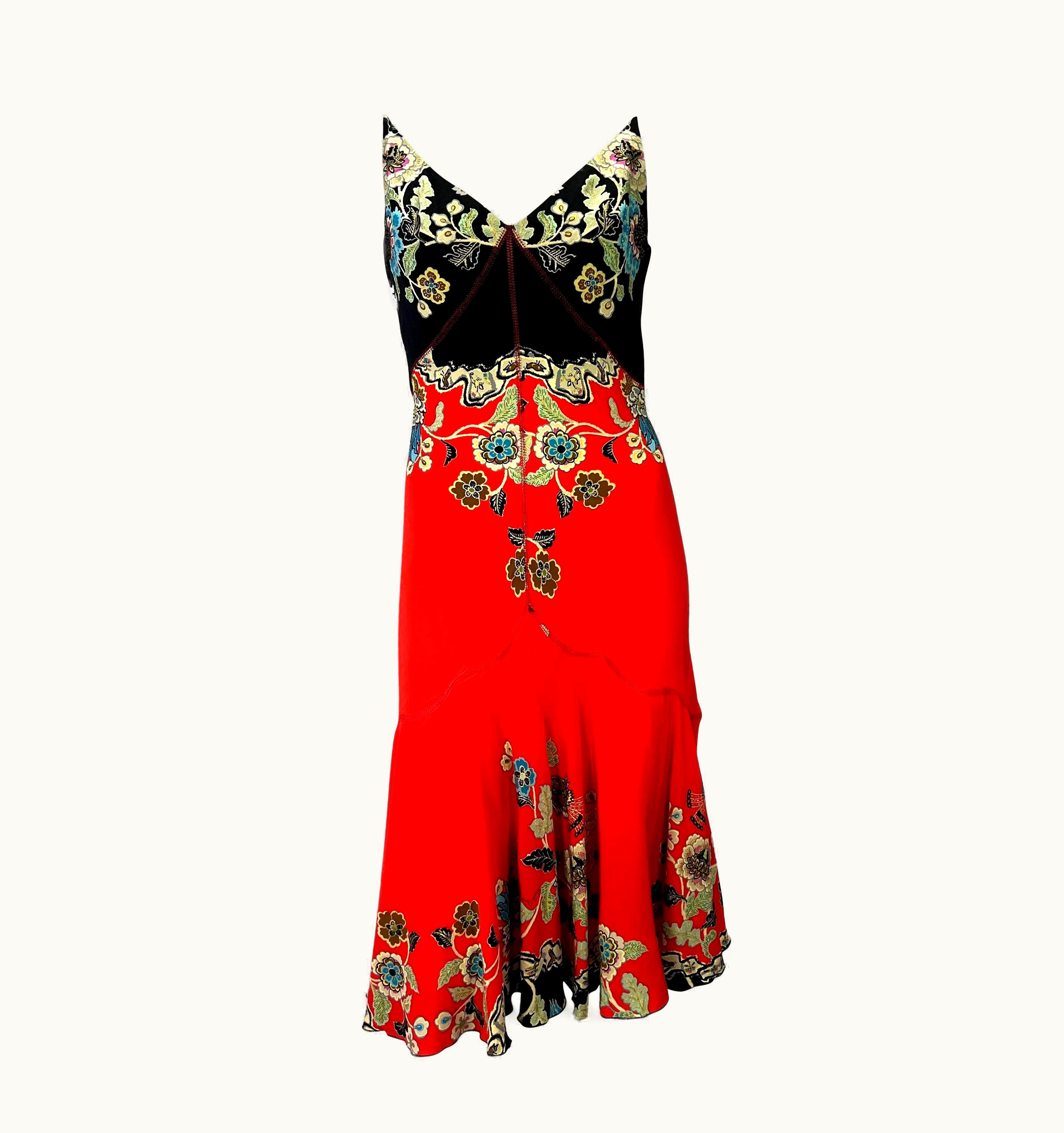 Roberto Cavalli S/S 2003 Roberto Cavalli Red Chinoiserie Print Silk Slip Dress