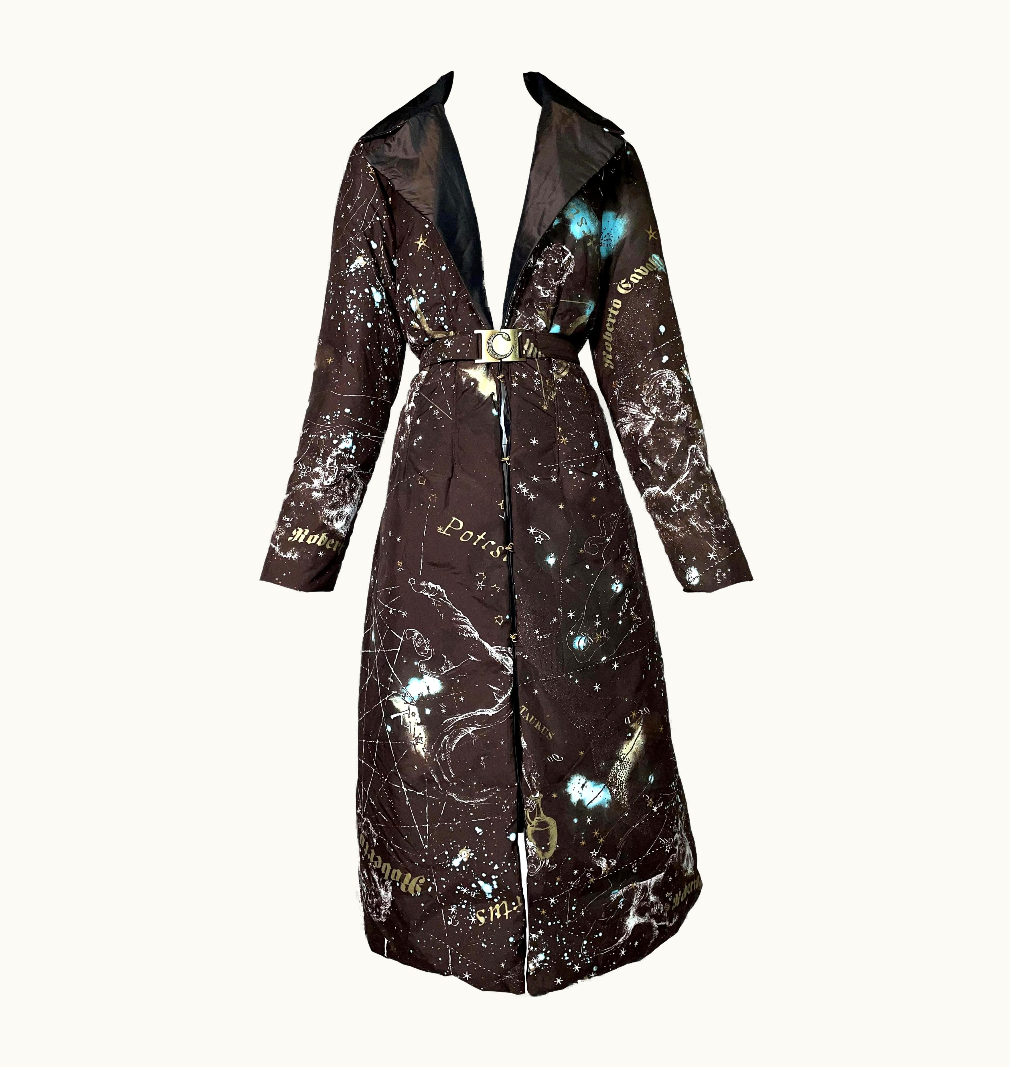 Roberto Cavalli 2003 Roberto Cavalli Brown Silk Zodiac Astrology Long Reversible Puffer Coat