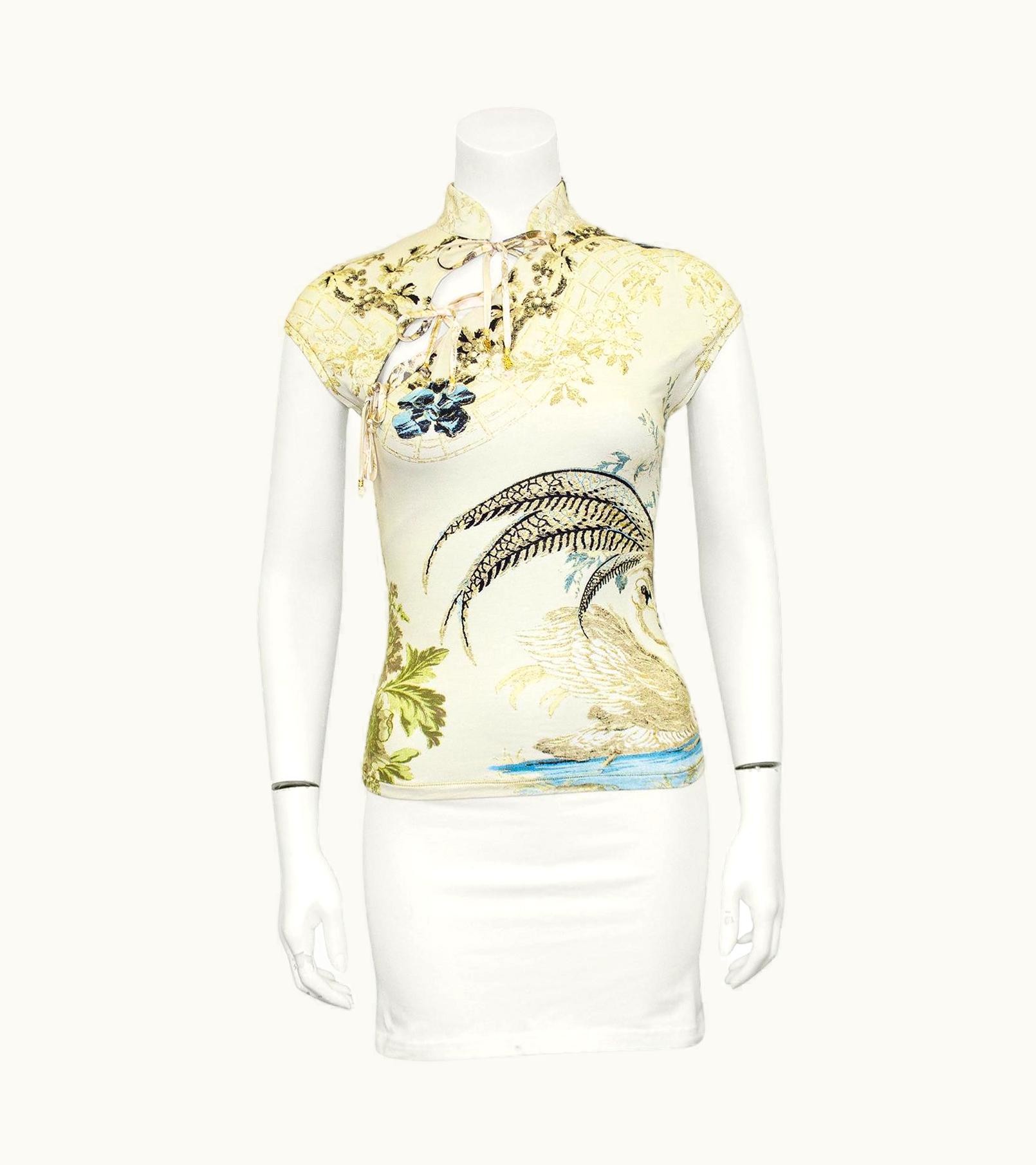 Roberto Cavalli Roberto Cavalli S/S 2003 Cheongsam Style Mesh Top With Swan