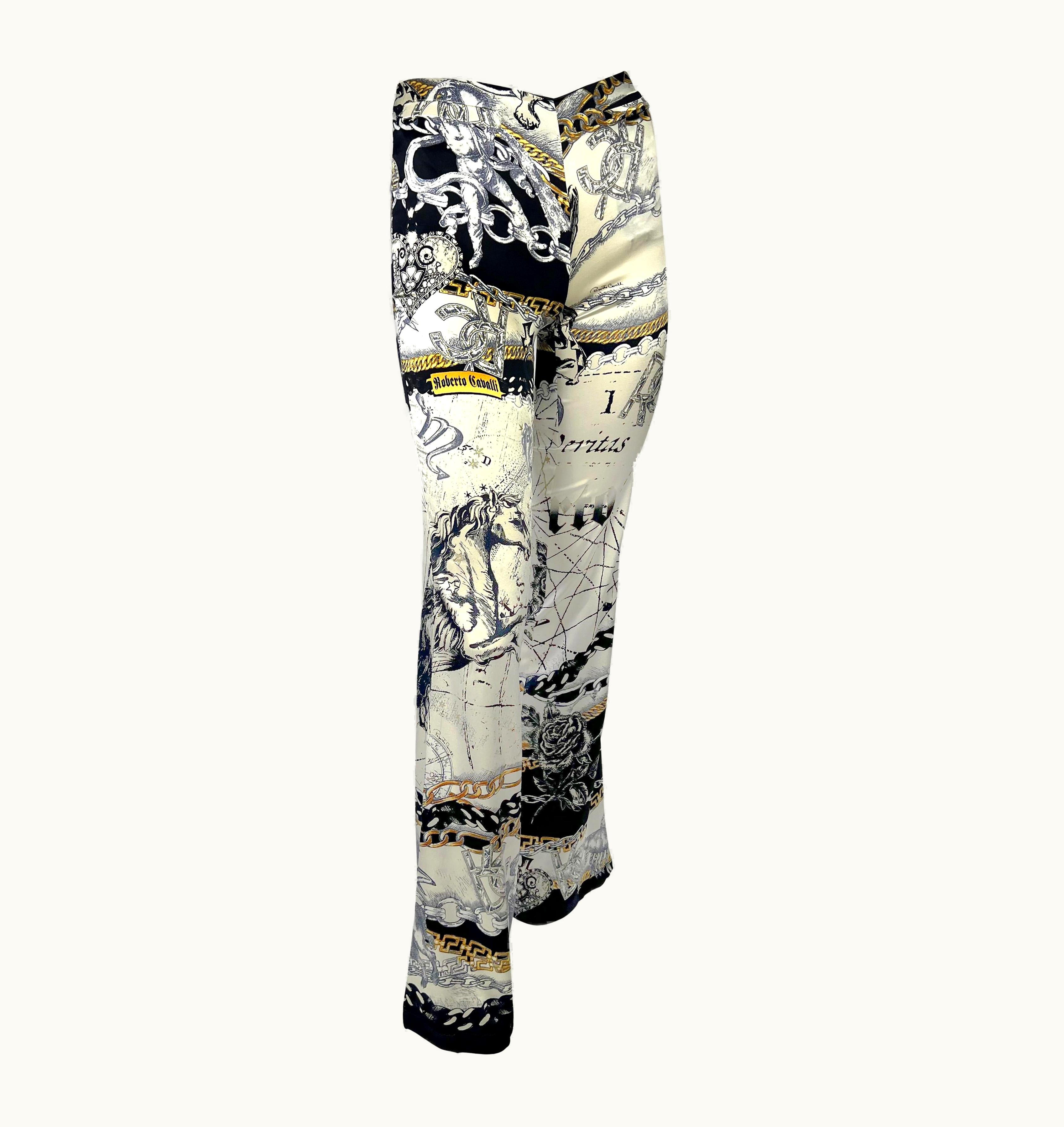 Roberto Cavalli 2003 Roberto Cavalli White Astrology Print Stretch Silk Satin Logo Pants