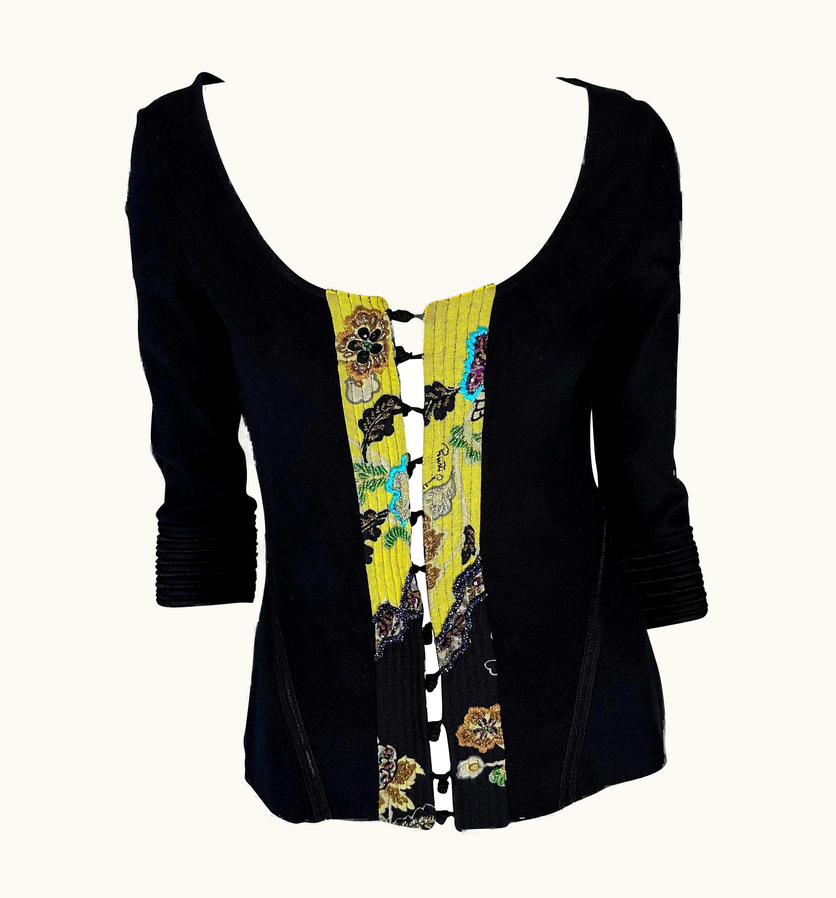 Roberto Cavalli S/S 2003 Roberto Cavalli Charm Yellow Chinoiserie Beaded Black Sweater