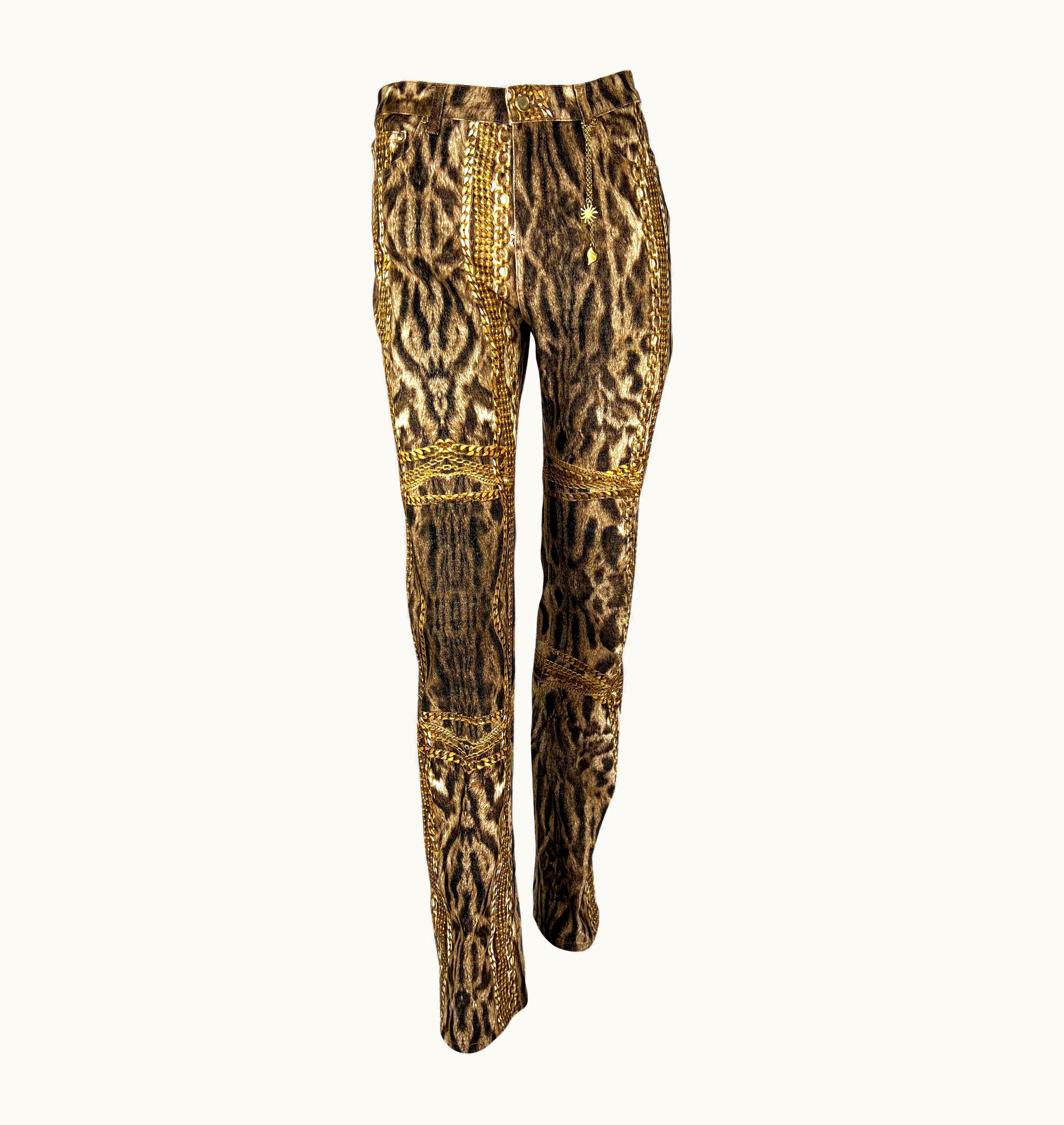 Roberto Cavalli 2003 Roberto Cavalli Animal Gold Chain Print Sun Heart Pendant Jeans