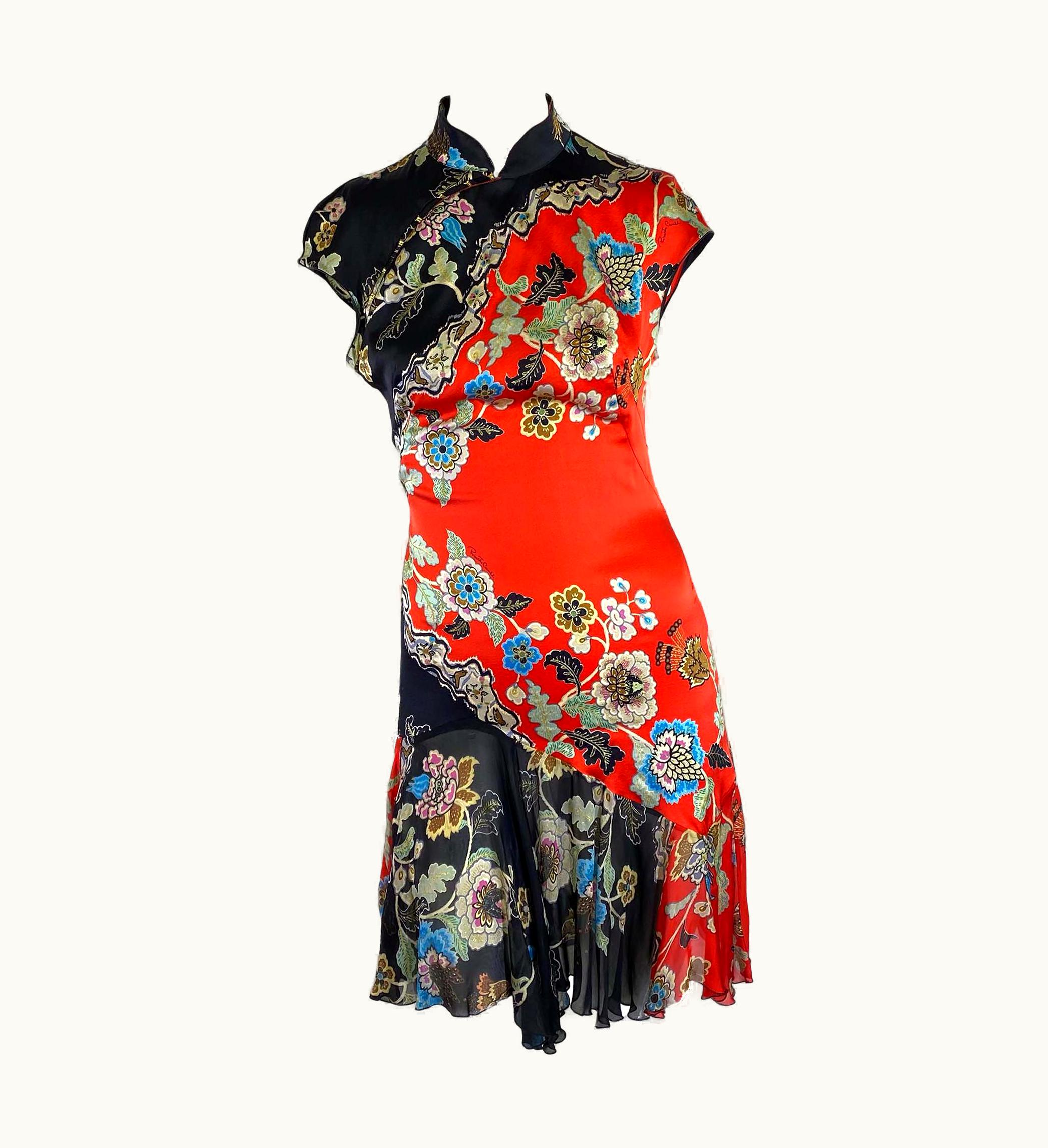 Roberto Cavalli S/S 2003 Roberto Cavalli Red Chinoiserie Cheongsam Cap Sleeve Dress Backless